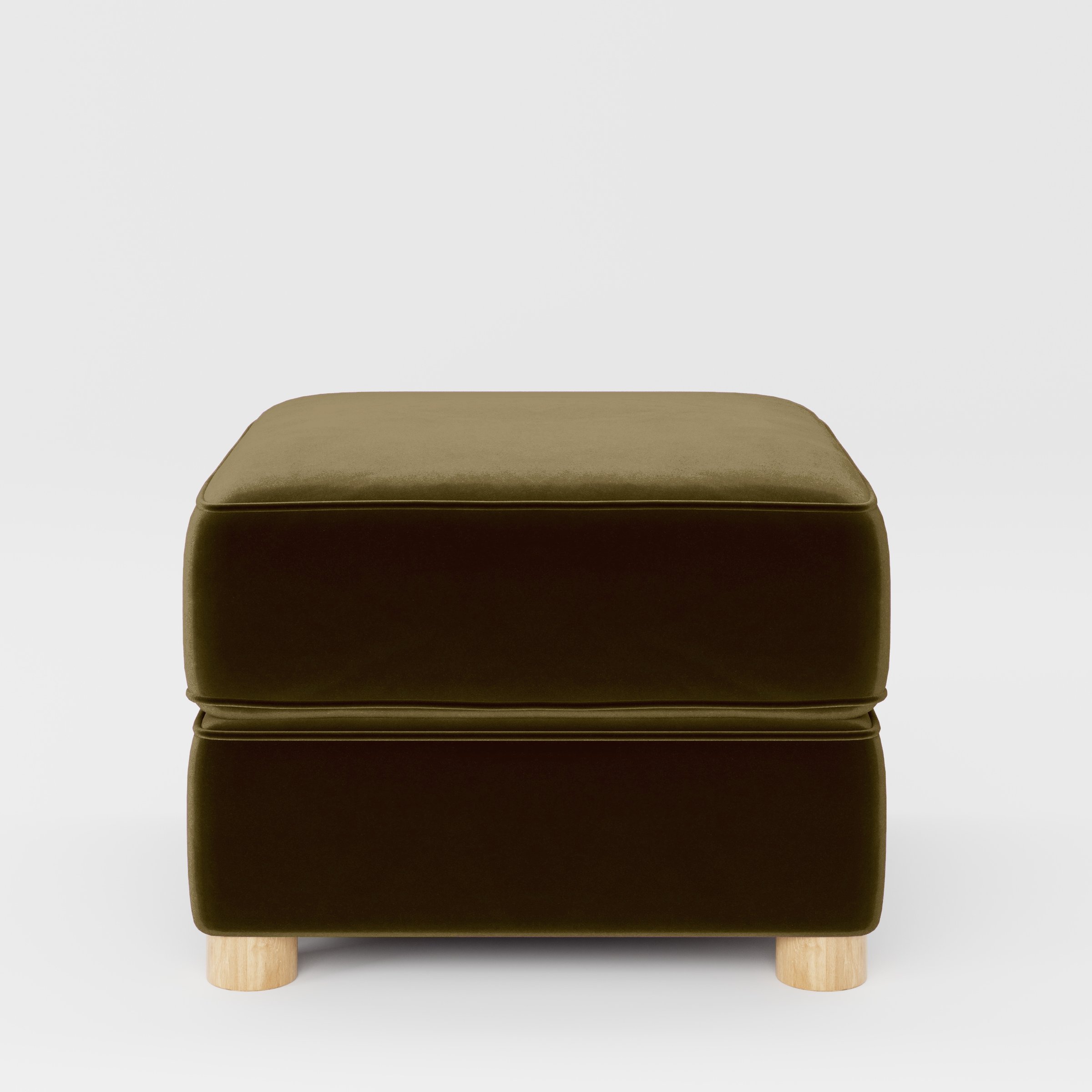 Front view of the Fergus footstool upholstered in Plush EasyClean Velvet in Cedar.