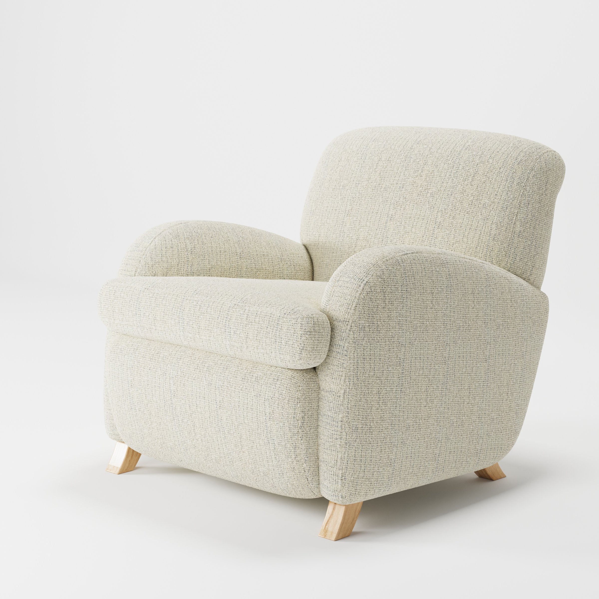 Rye armchair in Orsay Boucle Cream and Marine shown at a diagonal angle highlighting arms and seat depth.