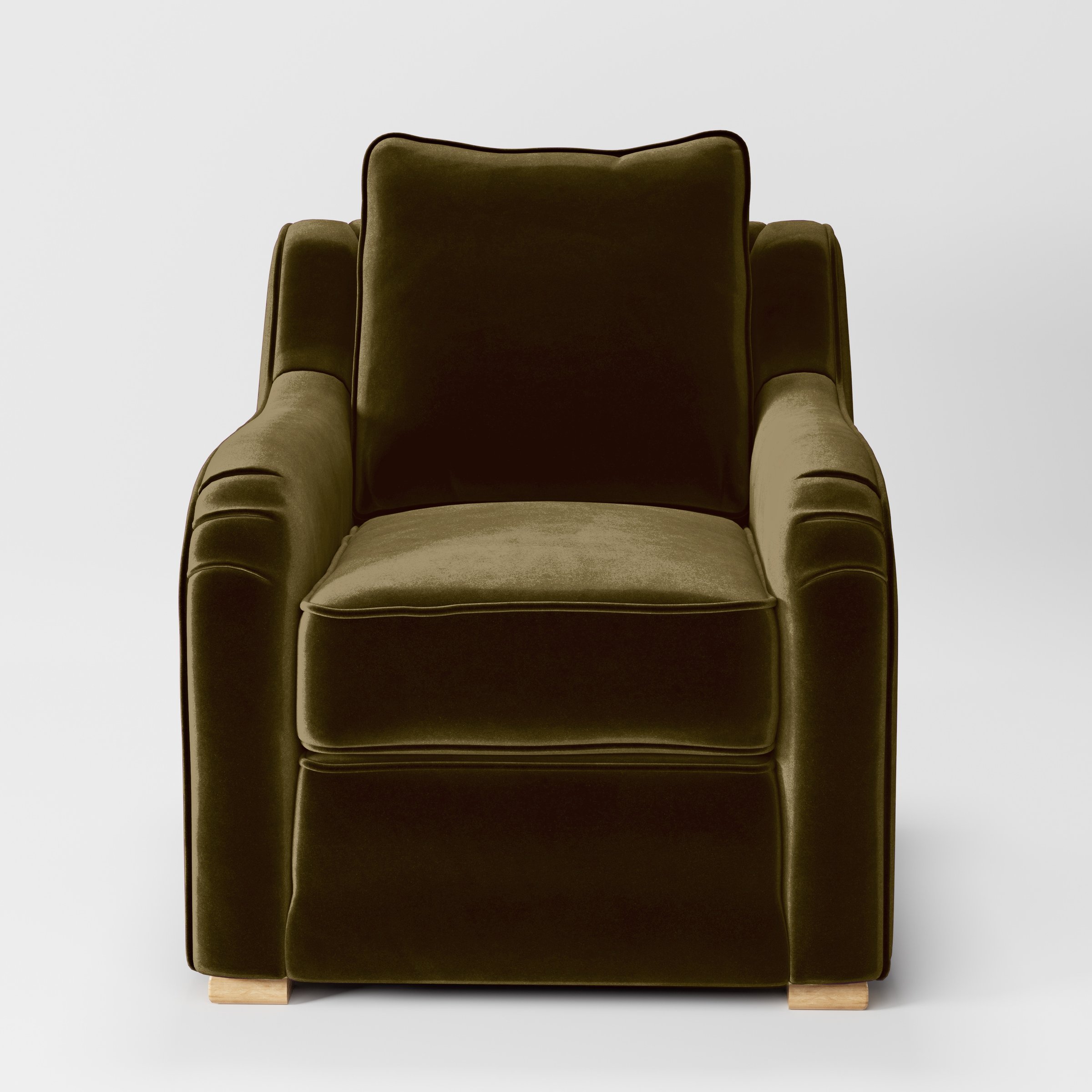 Front view of the Cashel armchair upholstered in Plush EasyClean Velvet in Cedar.