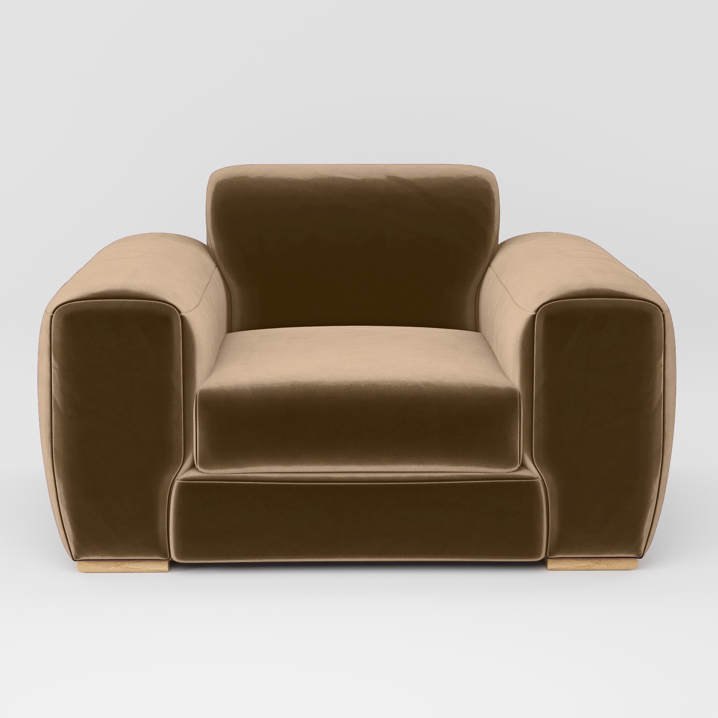 Front view of the Darwell armchair upholstered in Plush EasyClean Velvet in Caribou.