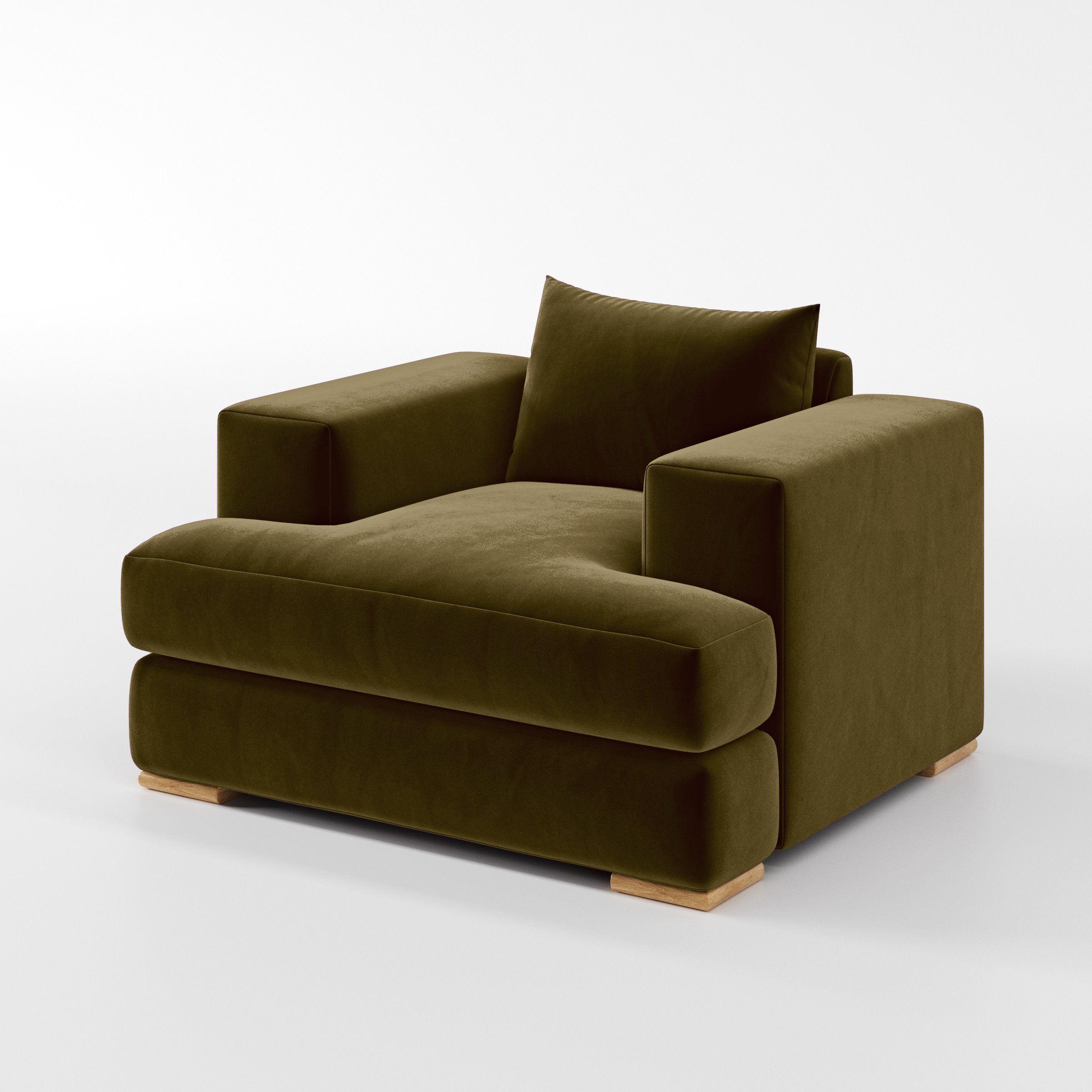 Diagonal view of the Fane armchair upholstered in Plush EasyClean Velvet in Cedar.