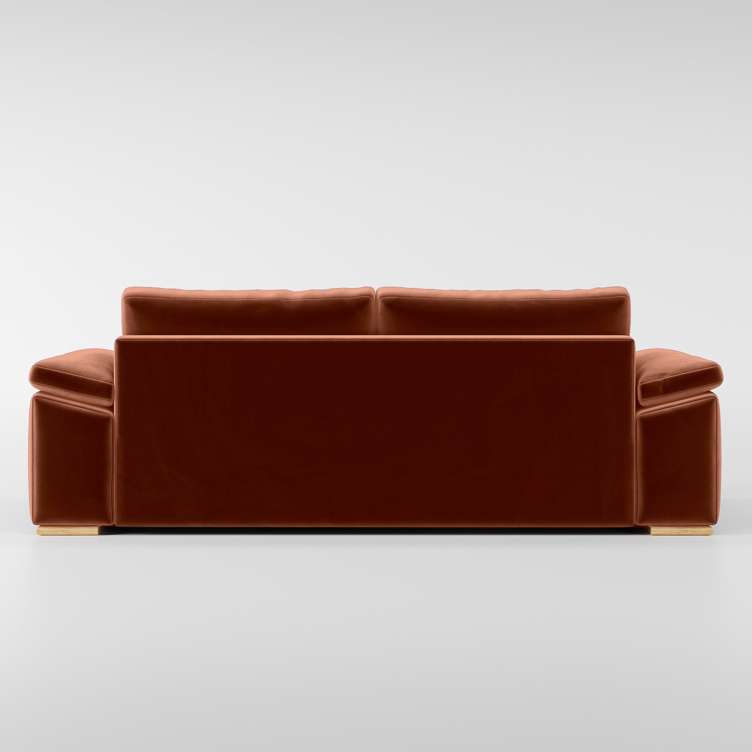 Rear view of the Moy sofa upholstered in Plush EasyClean Velvet in Apricot.