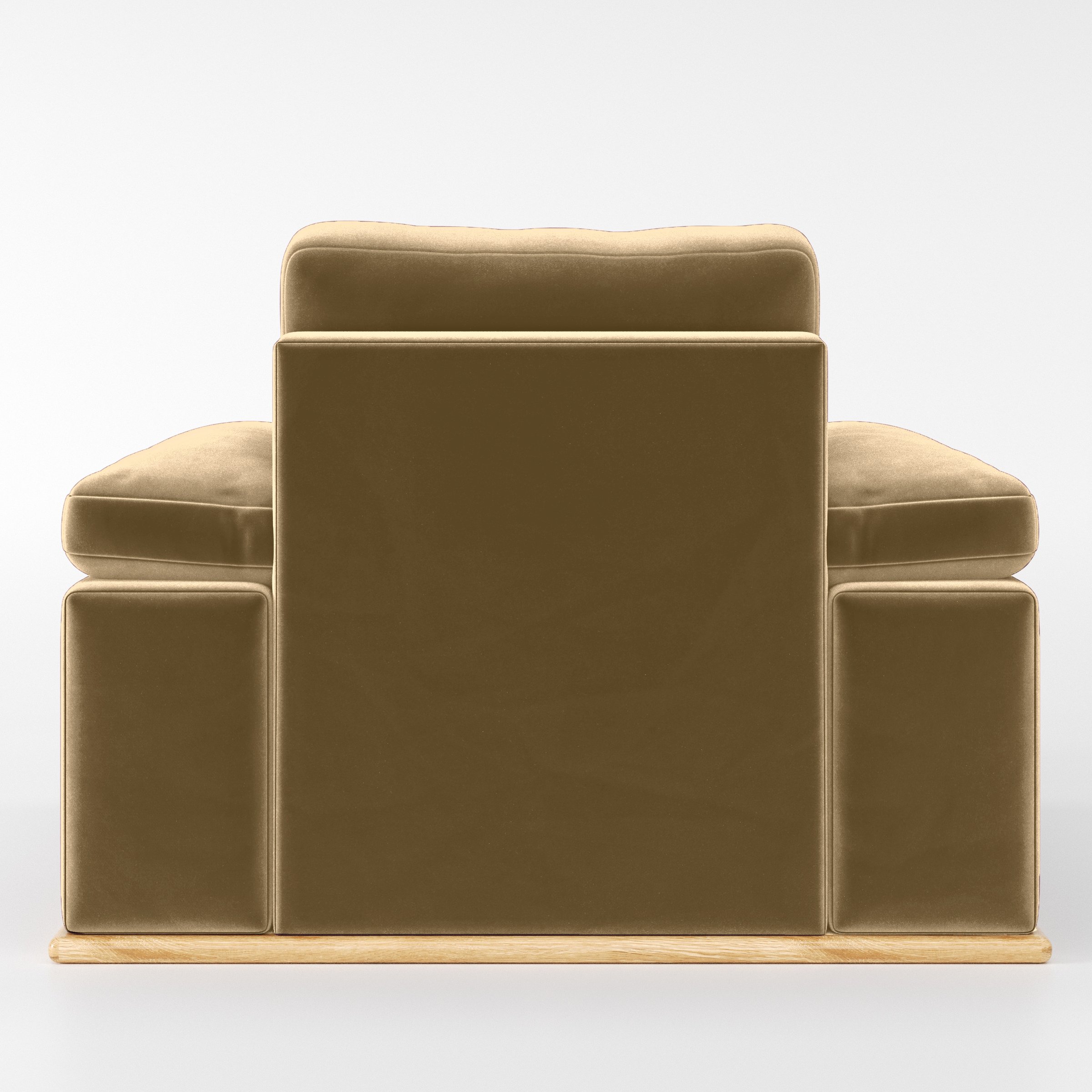 Rear view of the Cusher armchair upholstered in Plush EasyClean Velvet in Cafe.