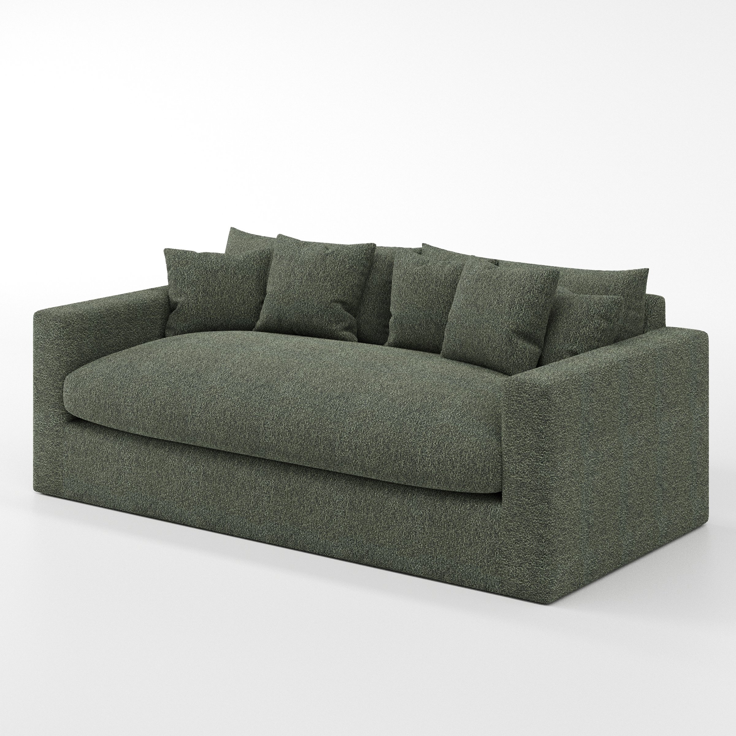Coniston sofa in Kilda Boucle Moss shown at a diagonal angle highlighting arm profile and seat depth.