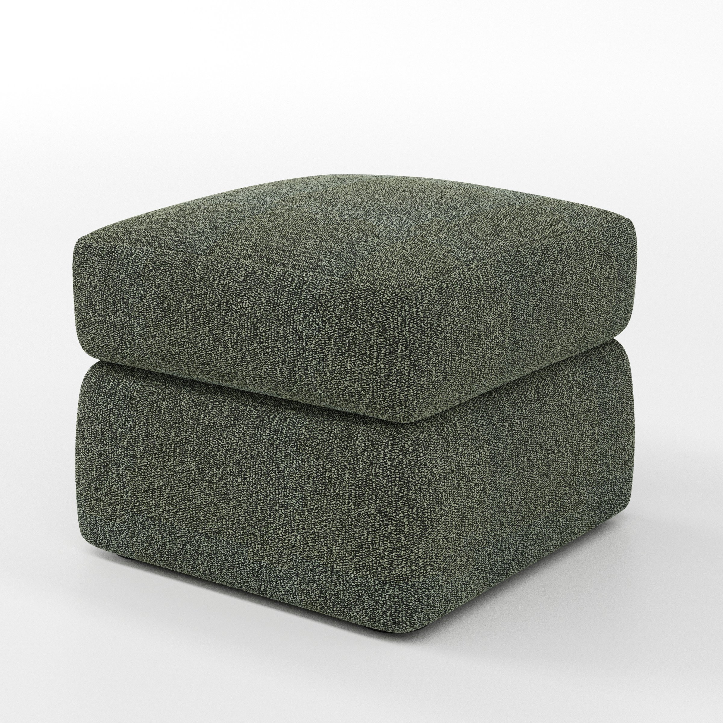 Coniston footstool in Kilda Boucle Moss shown at a diagonal angle highlighting clean lines and deep cushioning.