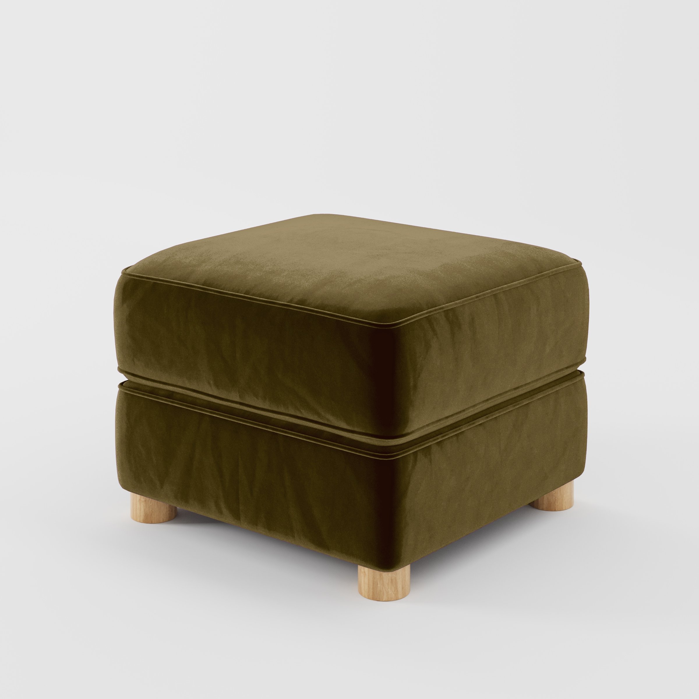 Diagonal view of the Fergus footstool upholstered in Plush EasyClean Velvet in Cedar.