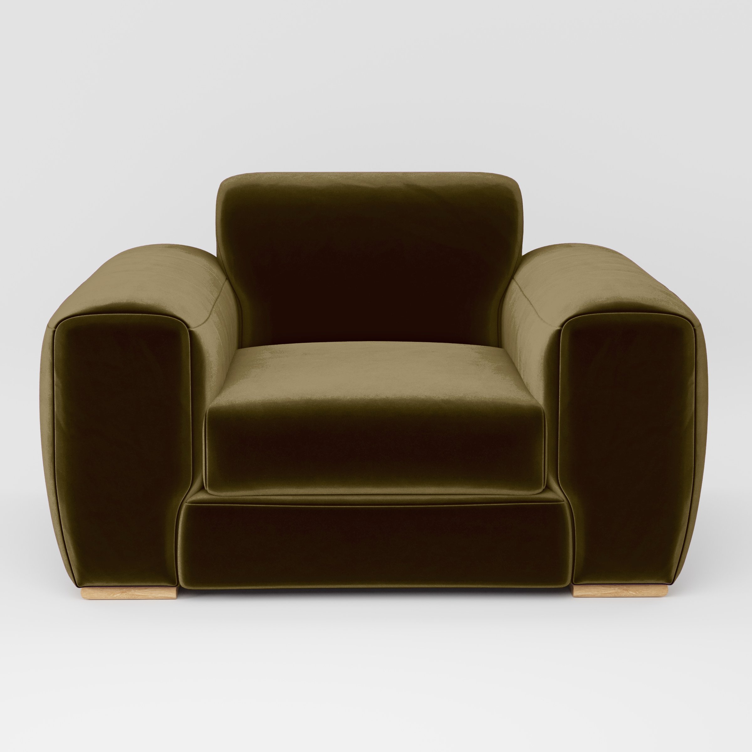 Front view of the Darwell armchair upholstered in Plush EasyClean Velvet in Cedar.