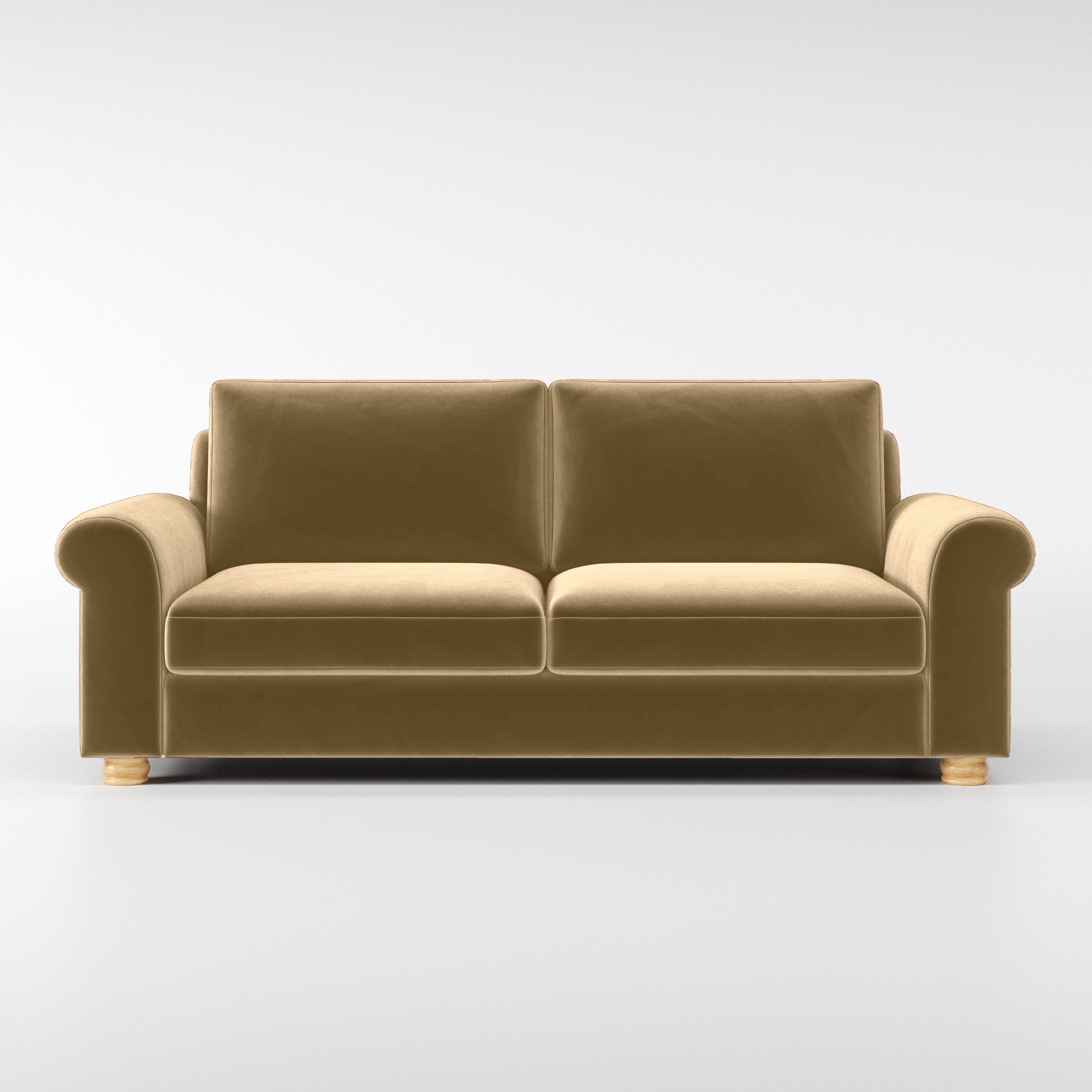 Front view of the Anna Lee sofa upholstered in Plush EasyClean Velvet in Cafe.