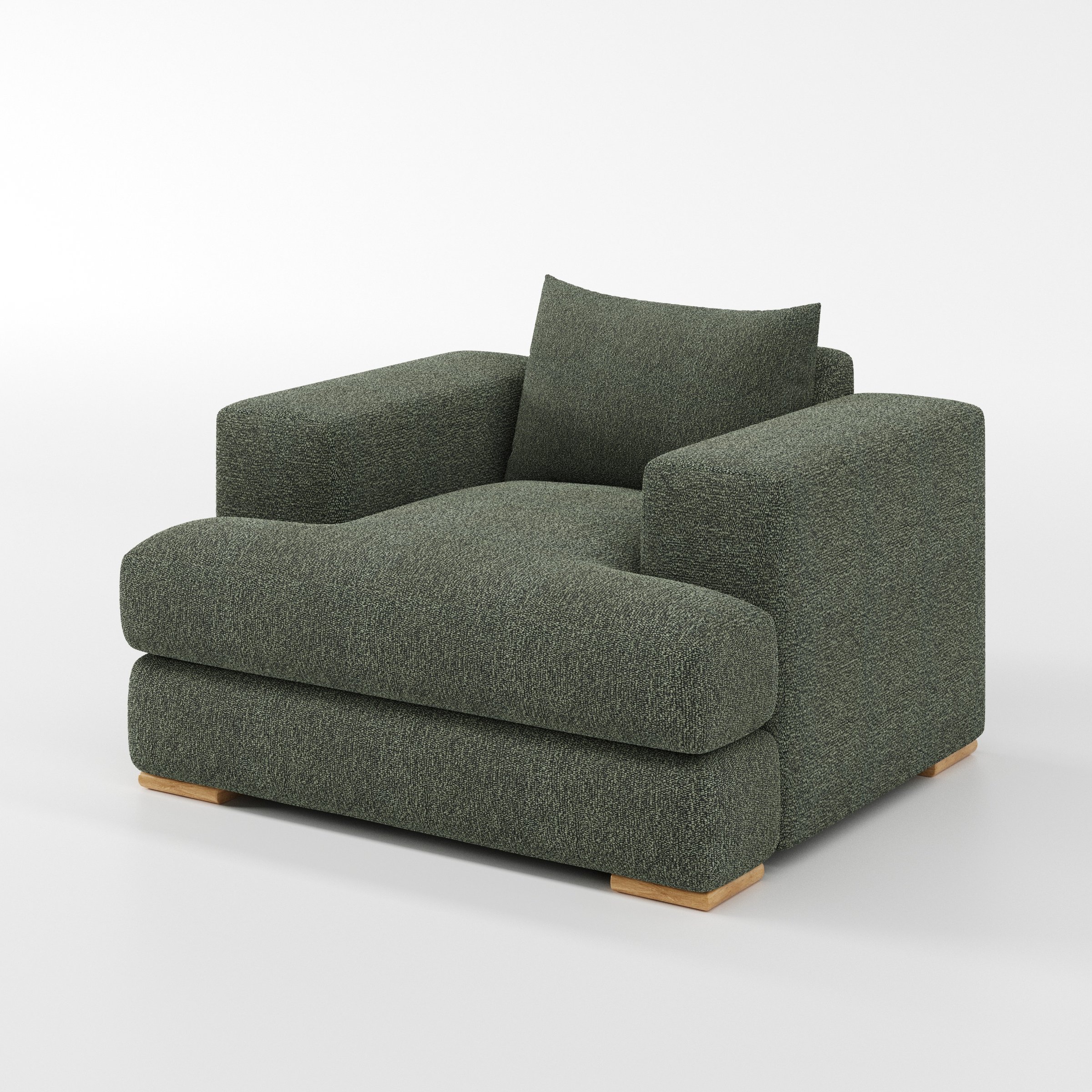 Fane armchair in Kilda Boucle Moss shown at a diagonal angle highlighting arms and seat depth.