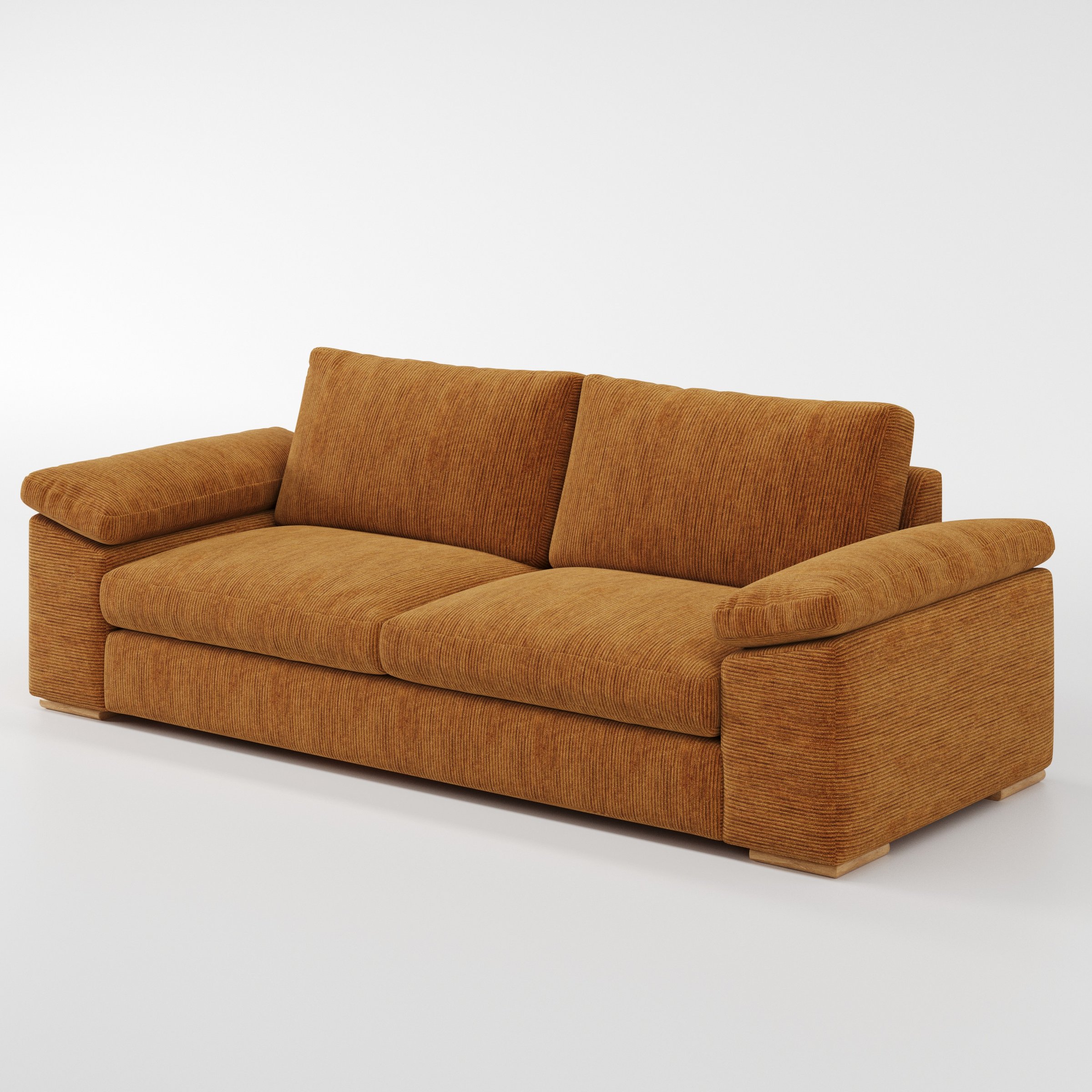 Moy sofa in Caldey Velvet Corduroy Tobacco shown at a diagonal angle highlighting arm profile and seat depth.