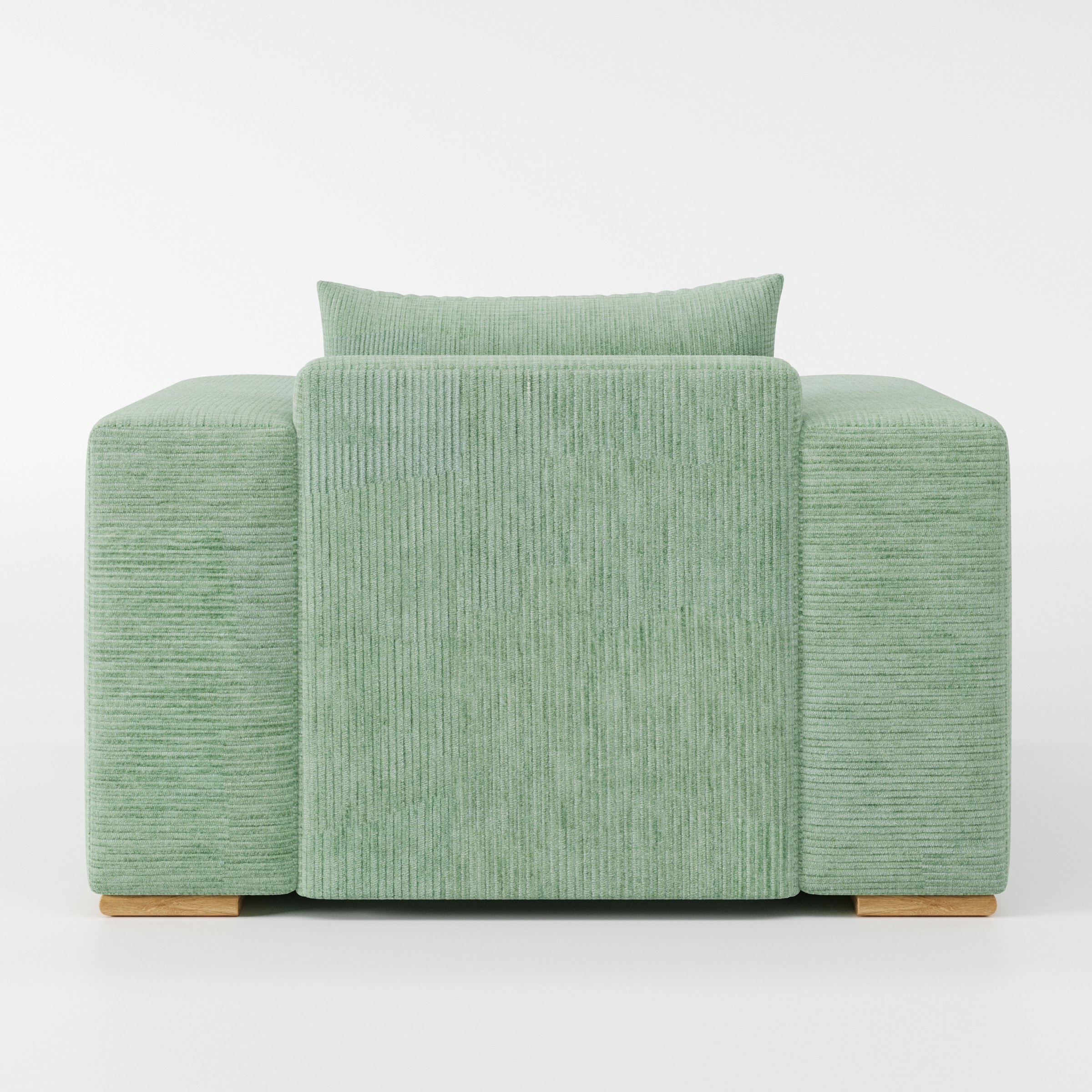 Fane armchair in Caldey Velvet Corduroy Eucalyptus shown from the rear highlighting backrest shape and upholstery finish.