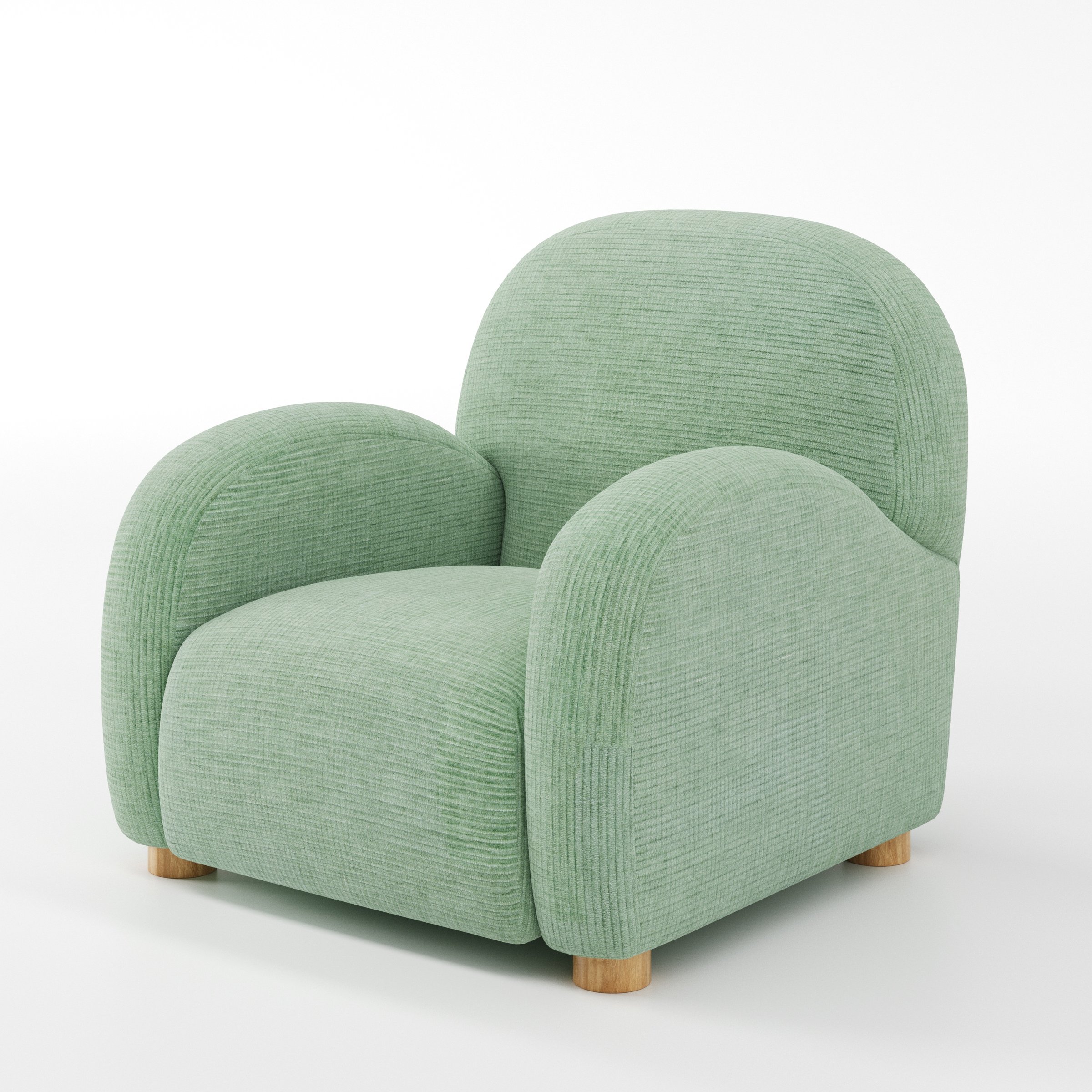 Awe armchair in Caldey Velvet Corduroy Eucalyptus shown at a diagonal angle highlighting arms and seat depth.