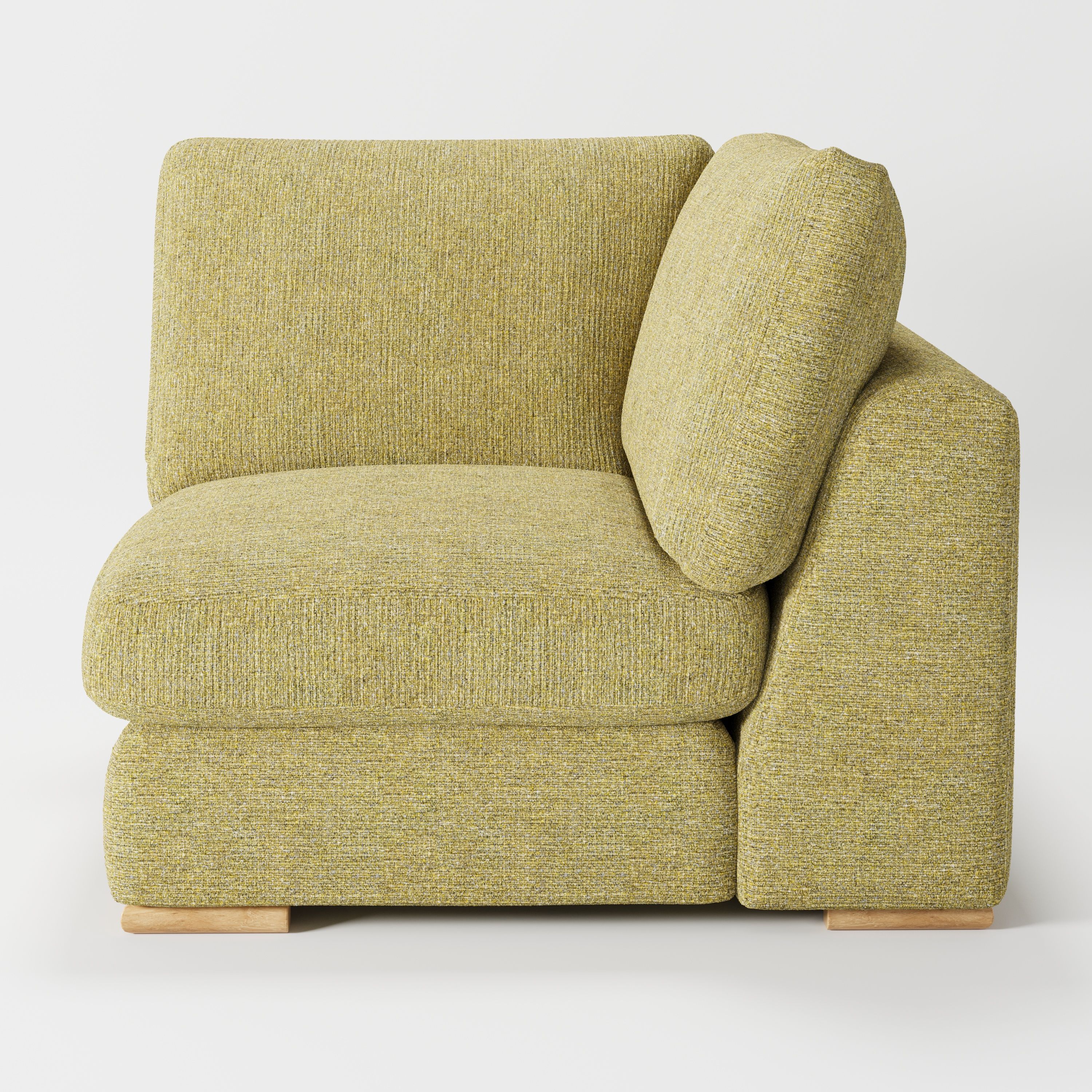 Olton corner unit in Heyling tweed sencha fabric, right side view emphasising seat depth and textured finish