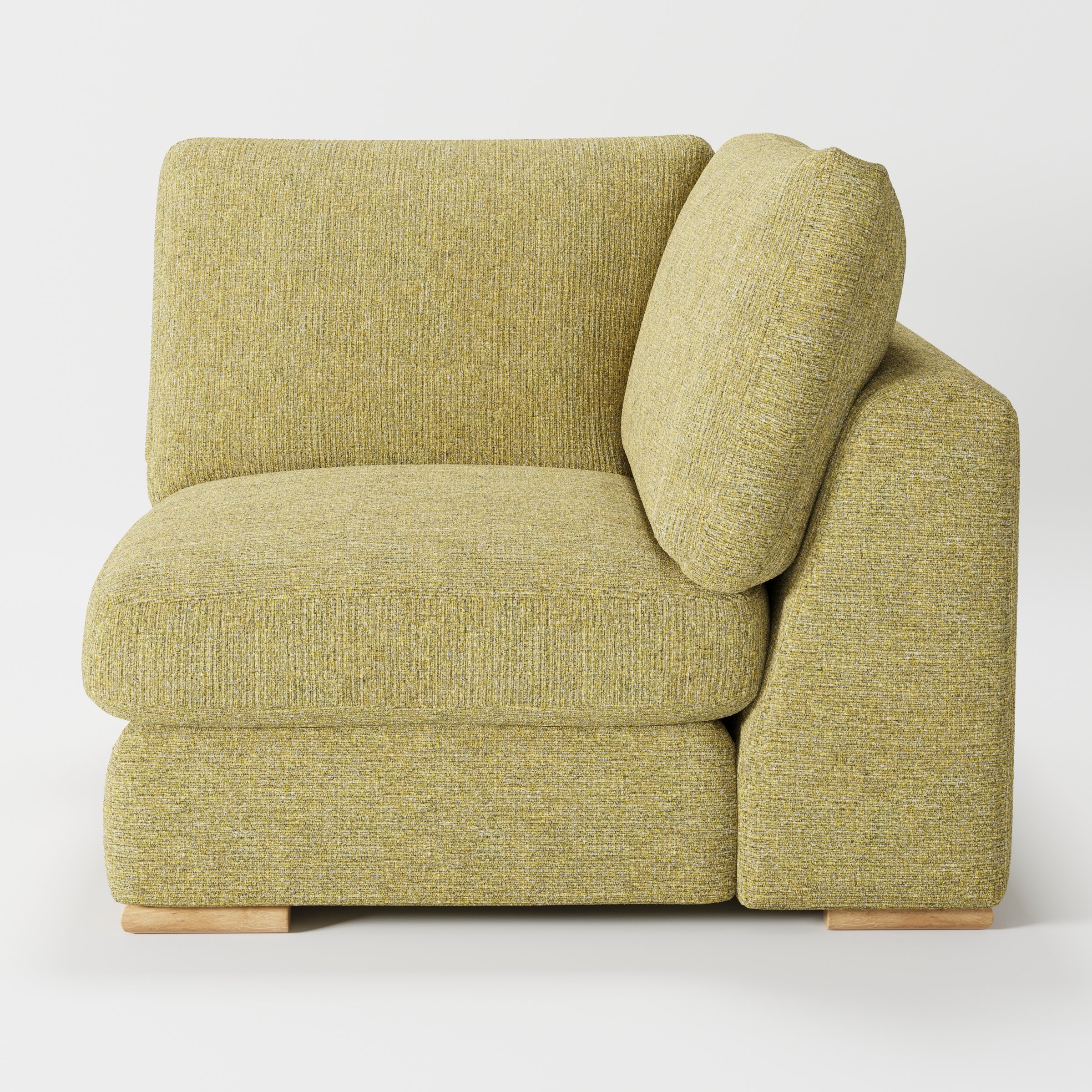 Olton corner unit in Heyling tweed sencha fabric, right side view emphasising seat depth and textured finish