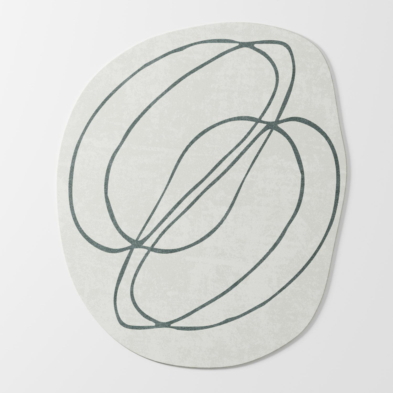 Bann rug in soft cream tone with flowing abstract line pattern in muted green, full view showing organic rounded shape and minimal design, hand tufted wool and viscose blend