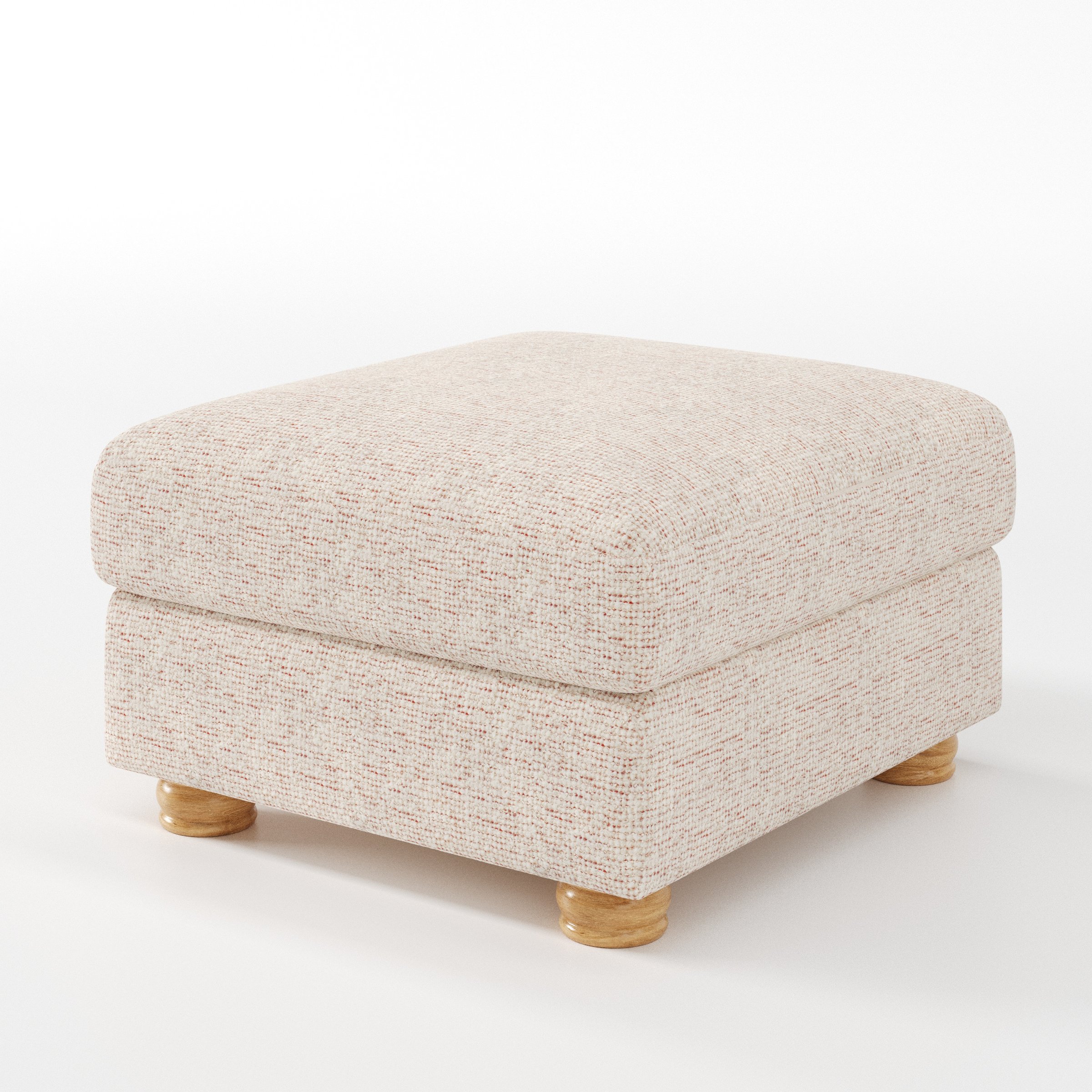 Anna Lee footstool in Orsay Boucle Cream and Copper shown at a diagonal angle highlighting soft cushioning and turned wooden feet.