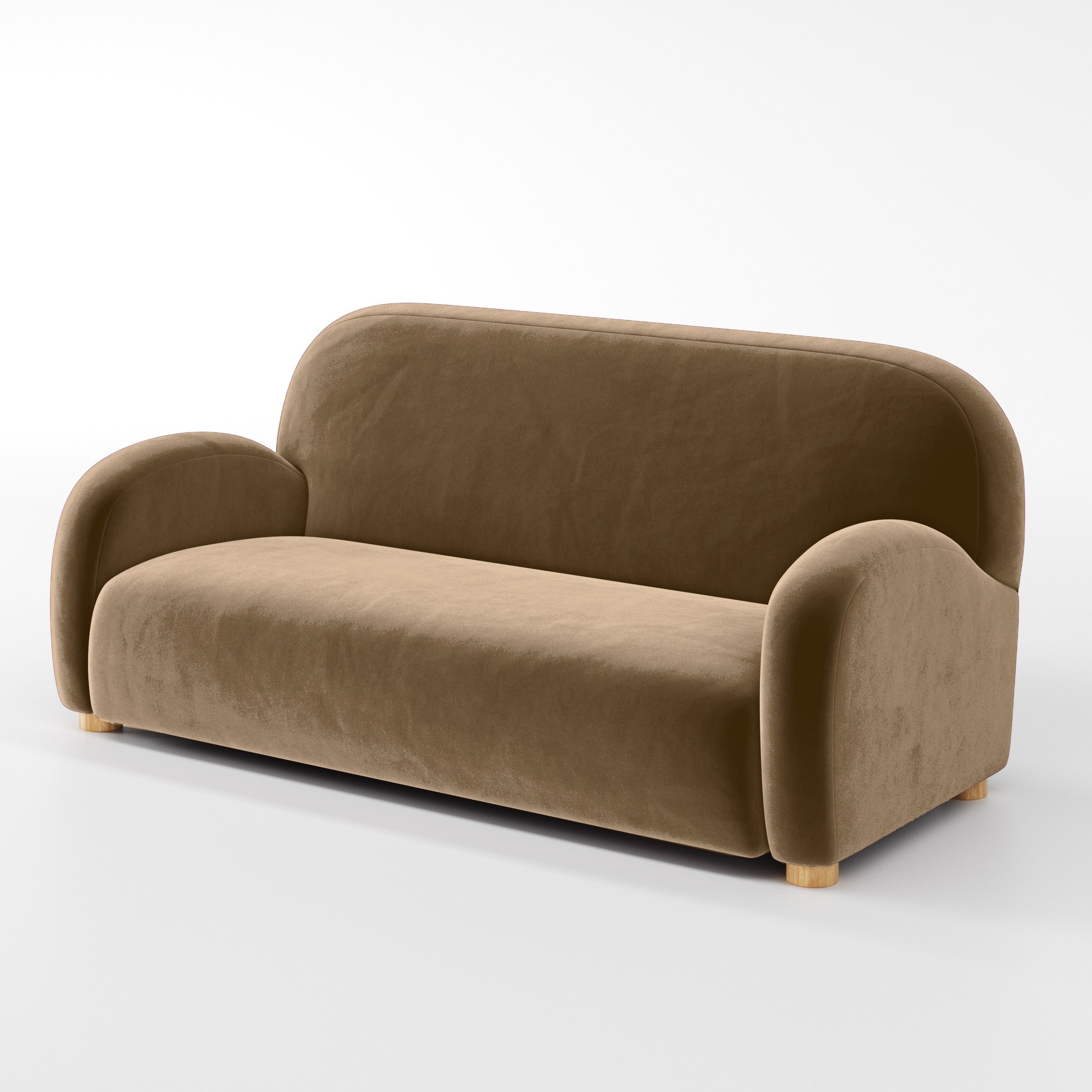 Diagonal view of the Awe sofa upholstered in Plush EasyClean Velvet in Caribou.