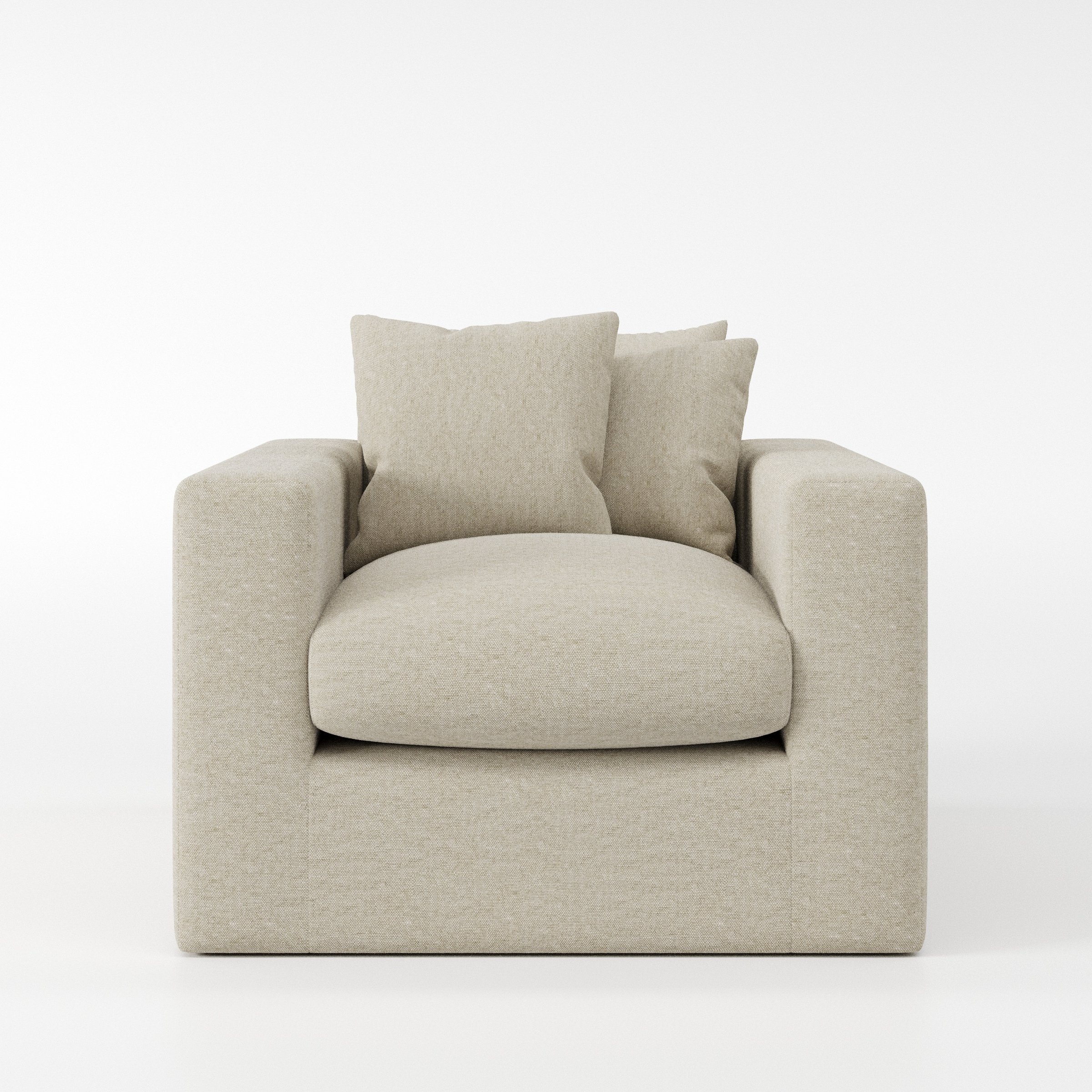Coniston armchair in Alderney Linen Oatmeal shown front-on against a neutral studio backdrop.