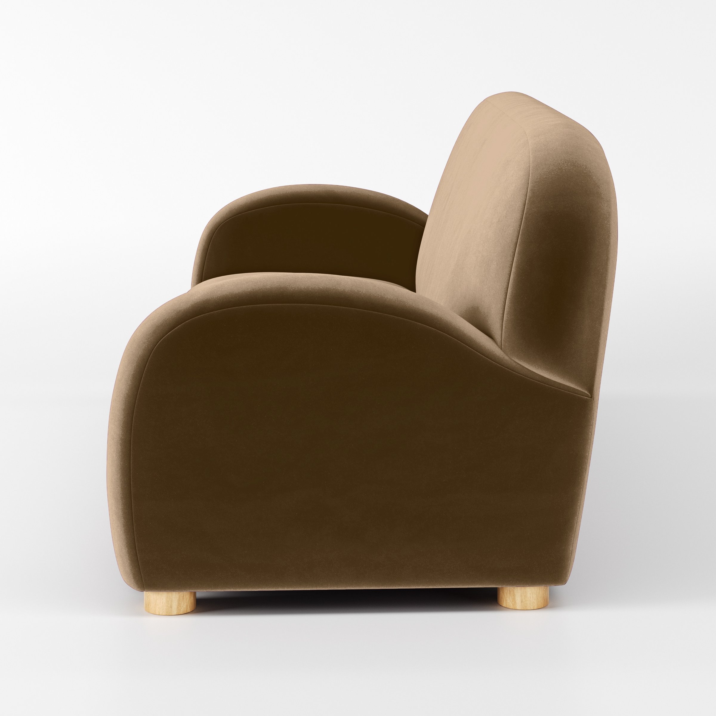 Side view of the Awe sofa upholstered in Plush EasyClean Velvet in Caribou.