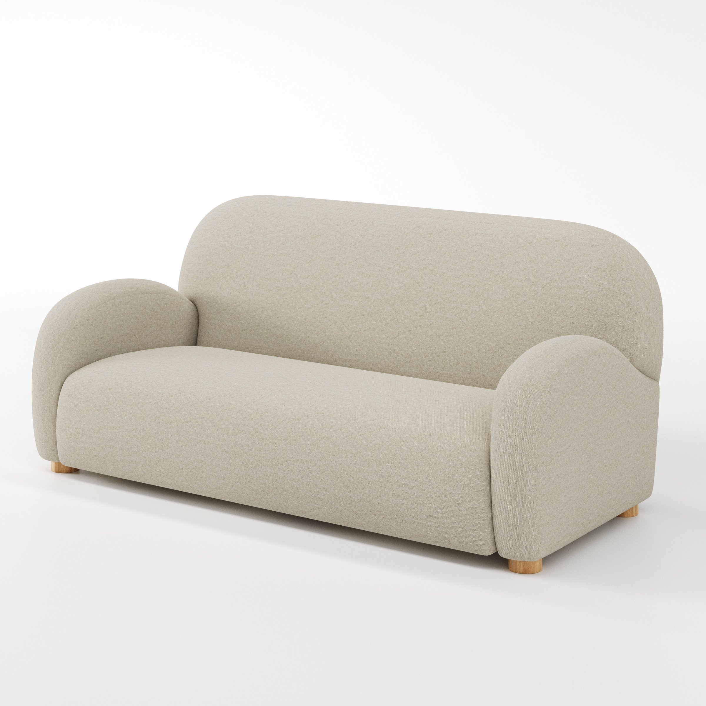 Awe sofa in Alderney Linen Oatmeal shown at a diagonal angle highlighting arm profile and seat depth.