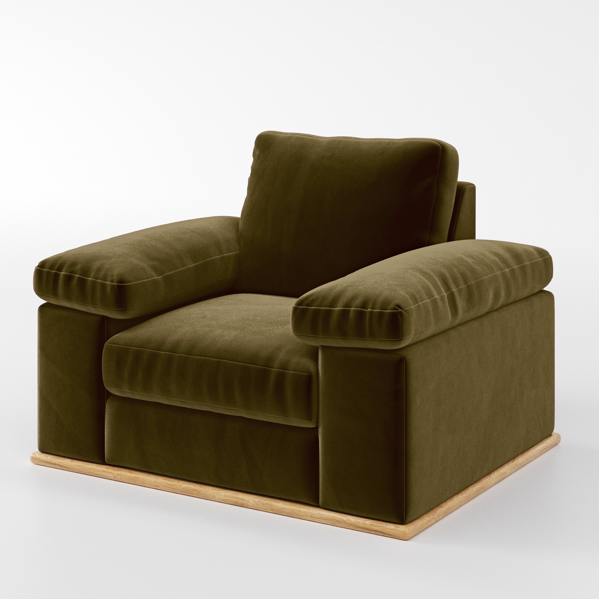Diagonal view of the Cusher armchair upholstered in Plush EasyClean Velvet in Cedar.