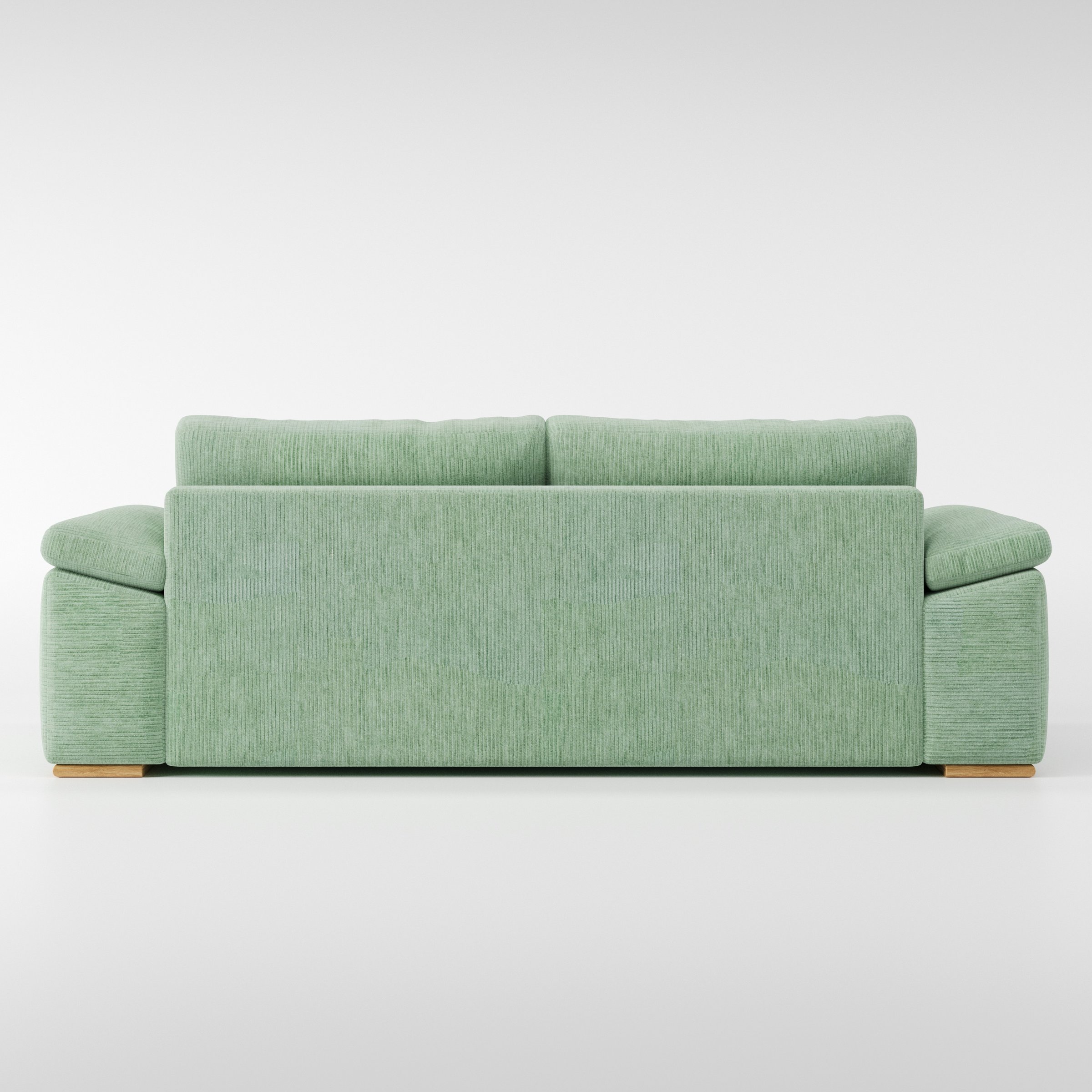 Moy sofa in Caldey Velvet Corduroy Eucalyptus shown from the rear highlighting back cushions and upholstery finish.