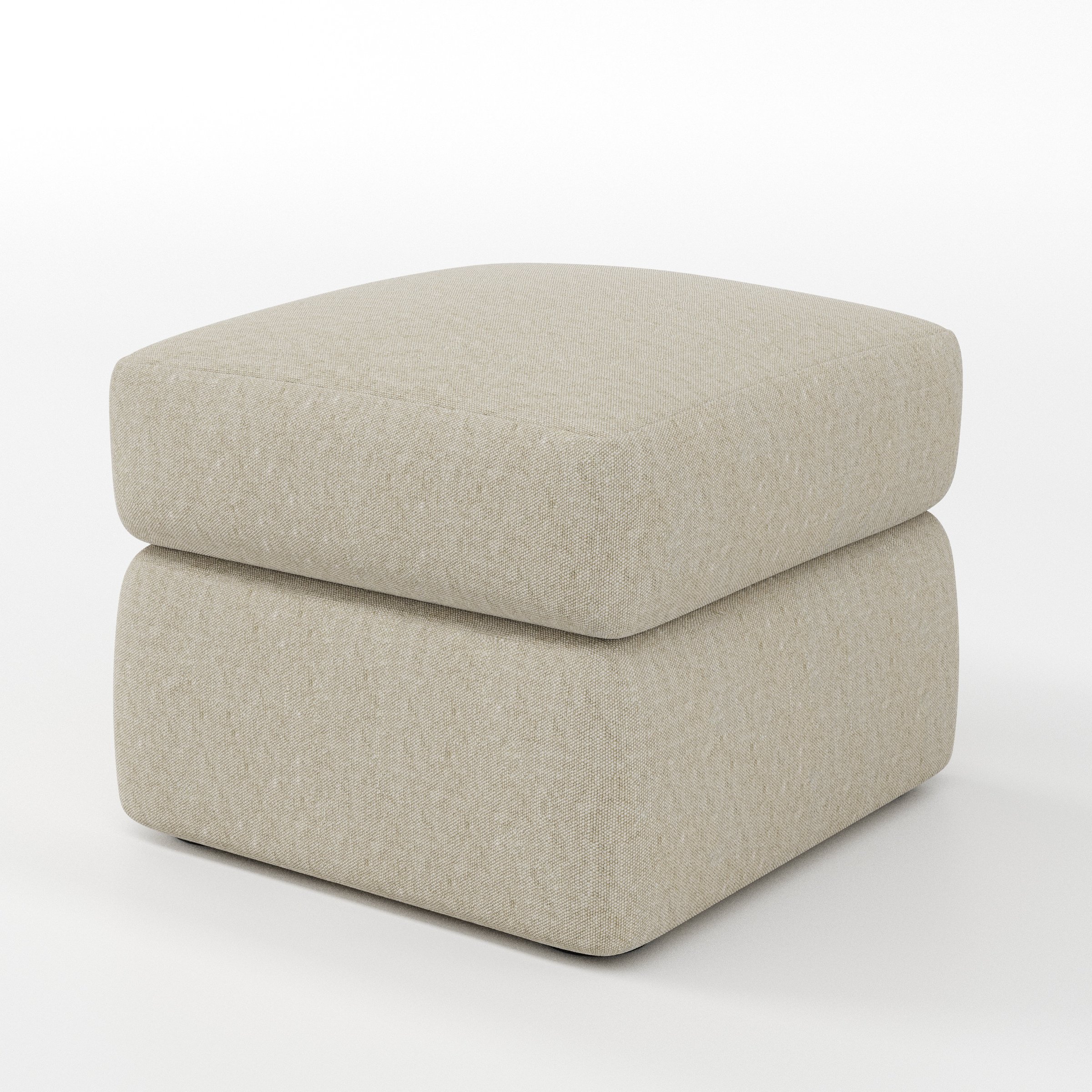 Coniston footstool in Alderney Linen Oatmeal shown at a diagonal angle highlighting clean lines and deep cushioning.