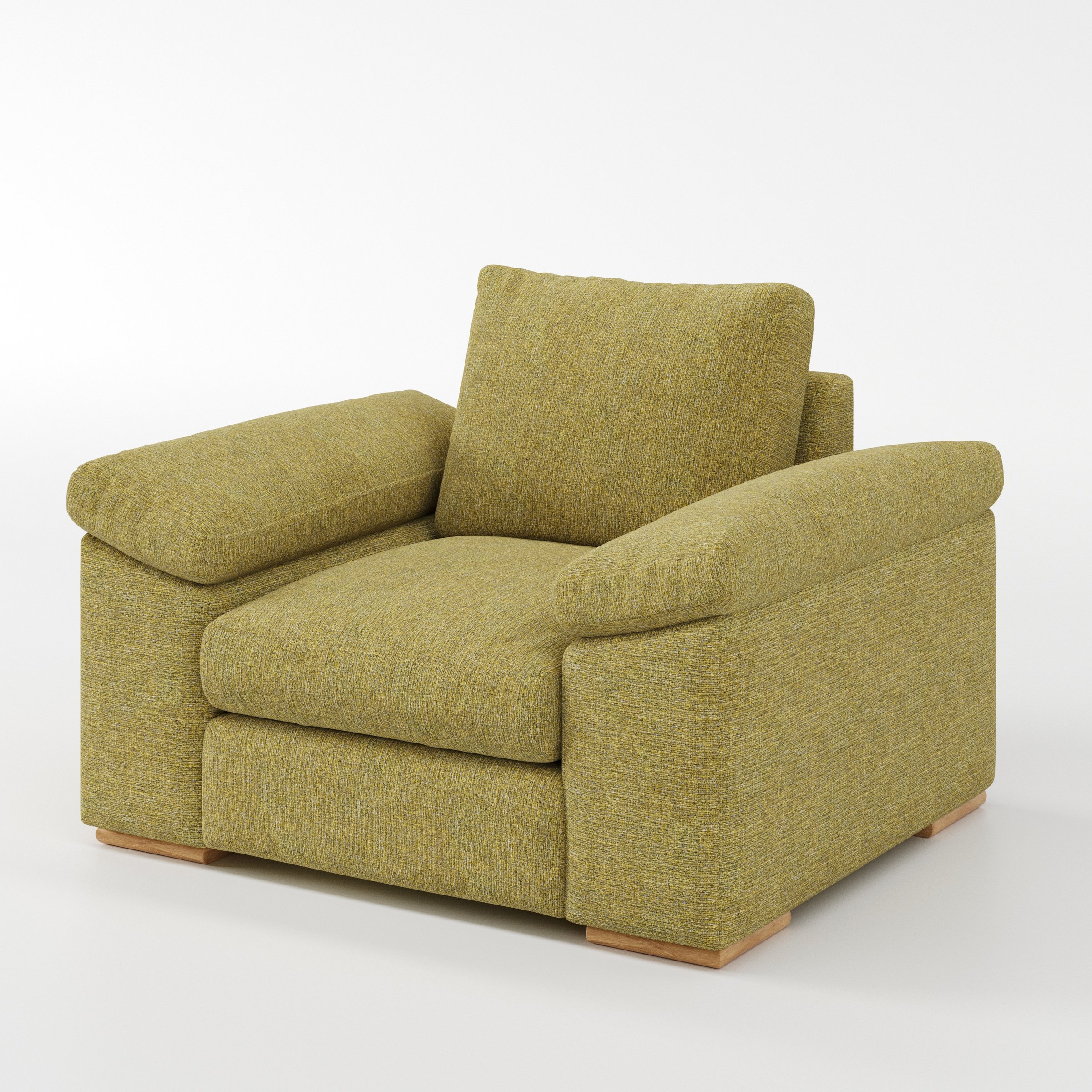 Moy armchair in Heyling Tweed Sencha shown at a diagonal angle highlighting arms and seat depth.