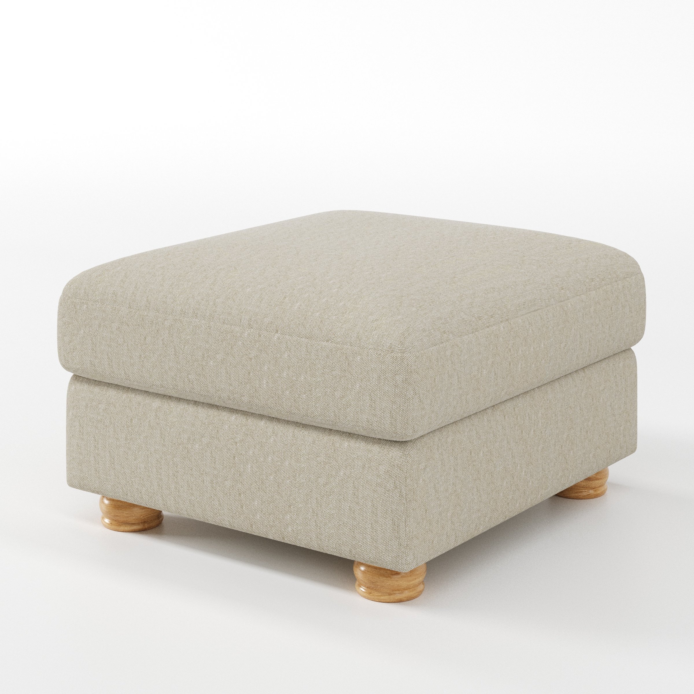 Anna Lee footstool in Alderney Linen Oatmeal shown at a diagonal angle highlighting soft cushioning and turned wooden feet.