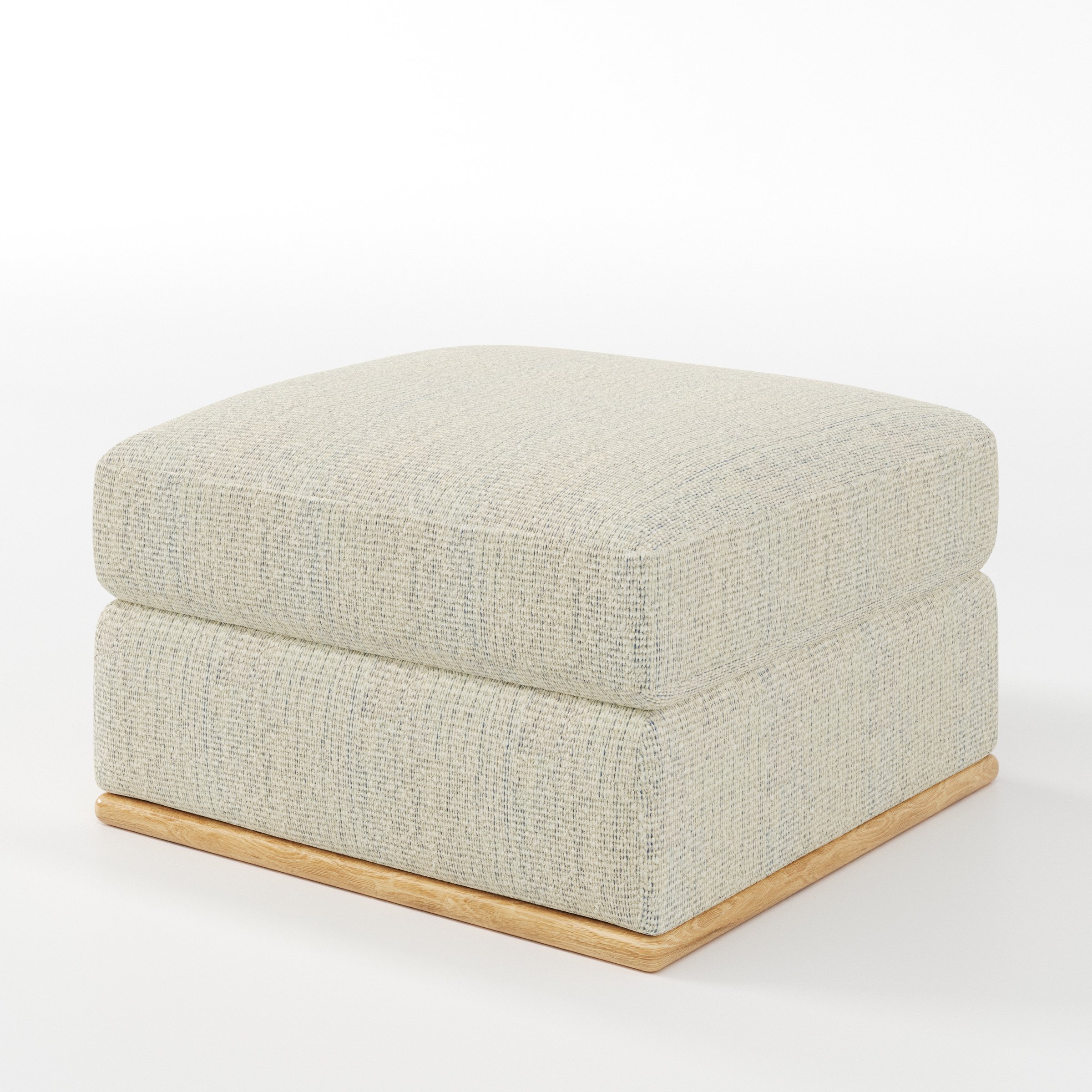 Cusher footstool in Orsay Boucle Cream and Marine shown at a diagonal angle highlighting structured form and wooden plinth base.