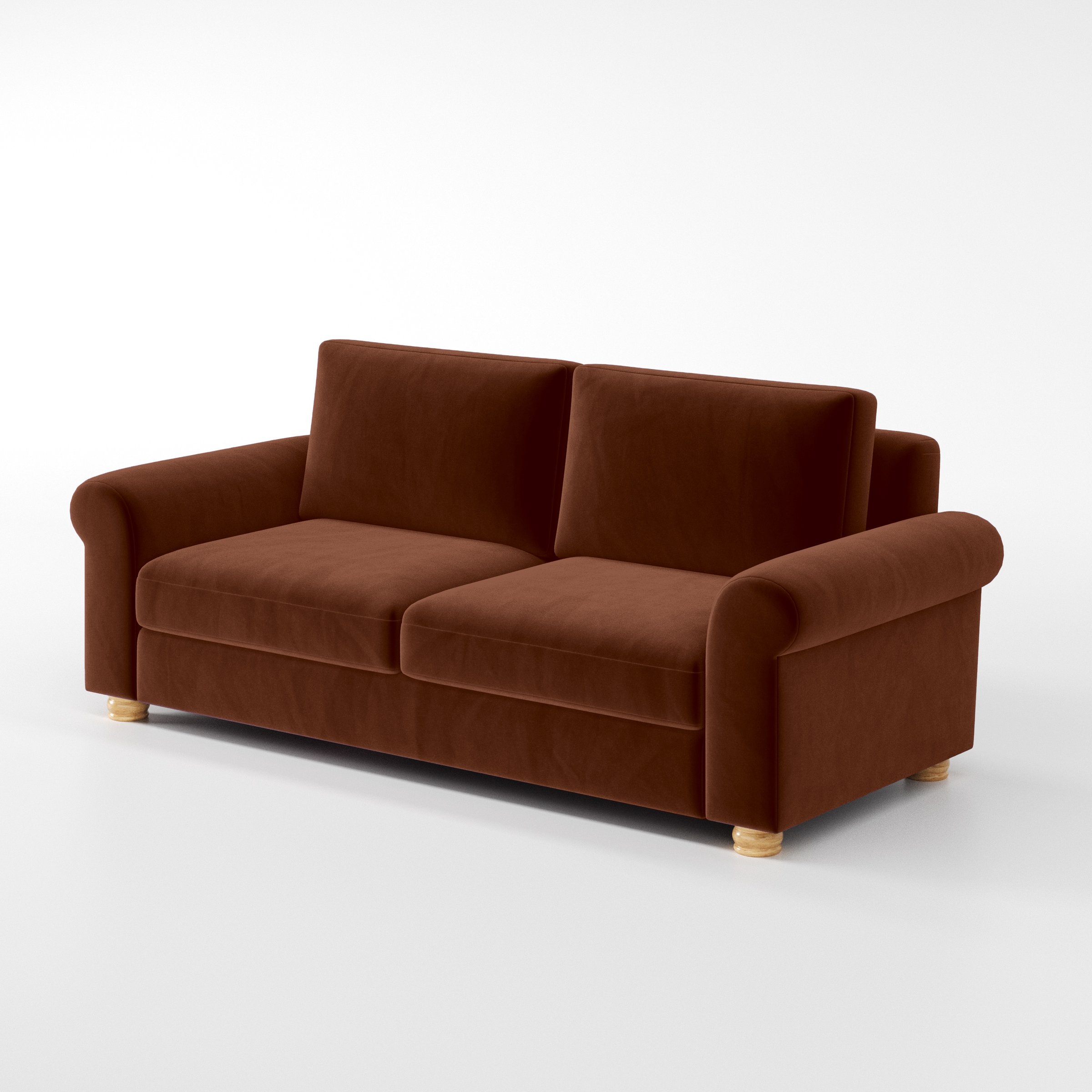 Diagonal view of the Anna Lee sofa upholstered in Plush EasyClean Velvet in Maple.