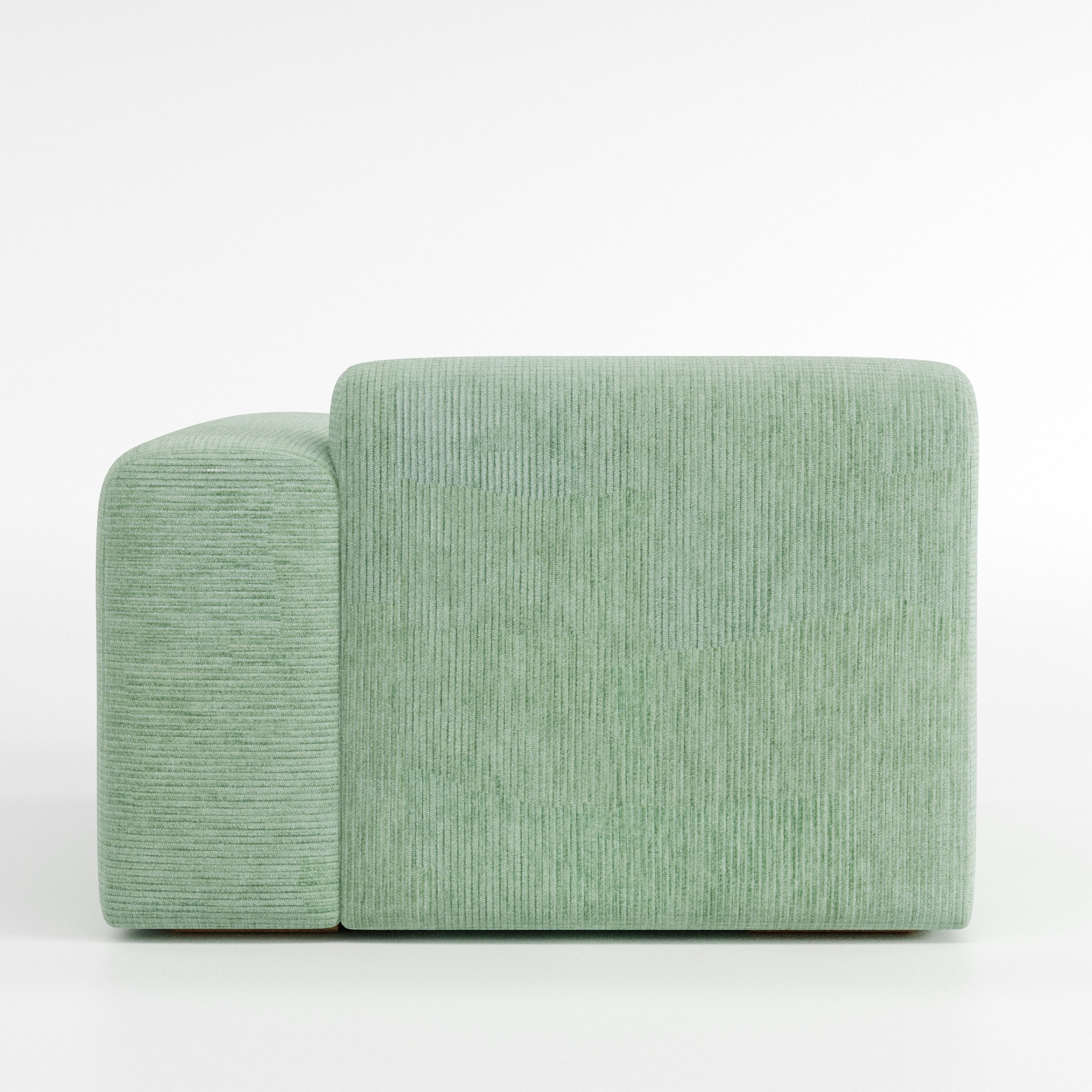 Drumquin modular sofa right side unit in Caldey Velvet Corduroy Eucalyptus shown from the back with a smooth, softly curved silhouette and armrest edge visible.
