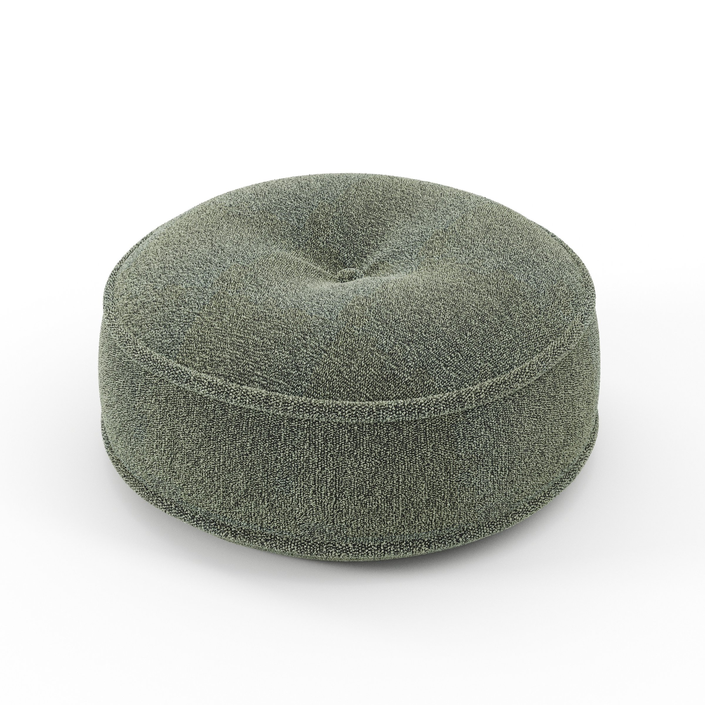 Cove cushion in Kilda Boucle Moss, round tufted cushion with border and piping in textured moss green boucle with central tuft, size 40cm x 8.75cm