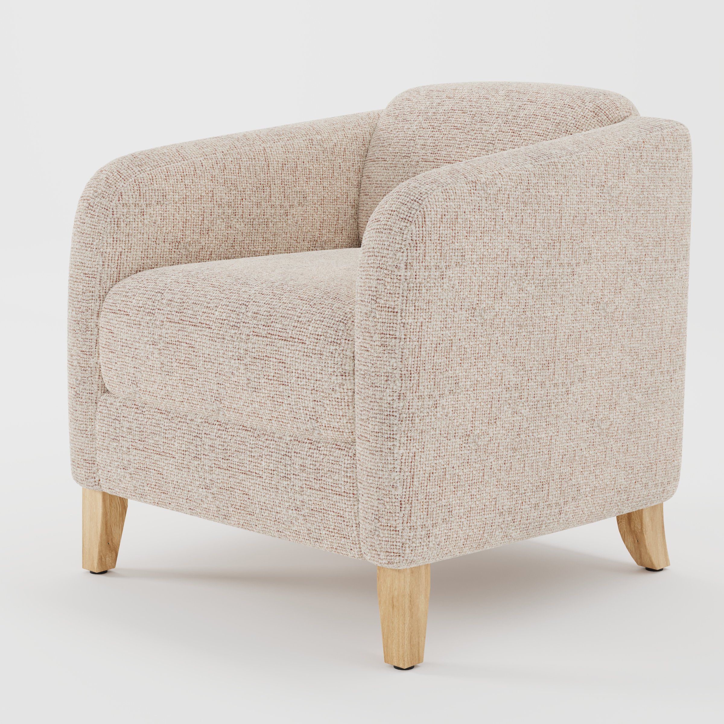 Erne armchair in Orsay Boucle Cream and Copper shown at a diagonal angle highlighting curved arms and compact seat depth.