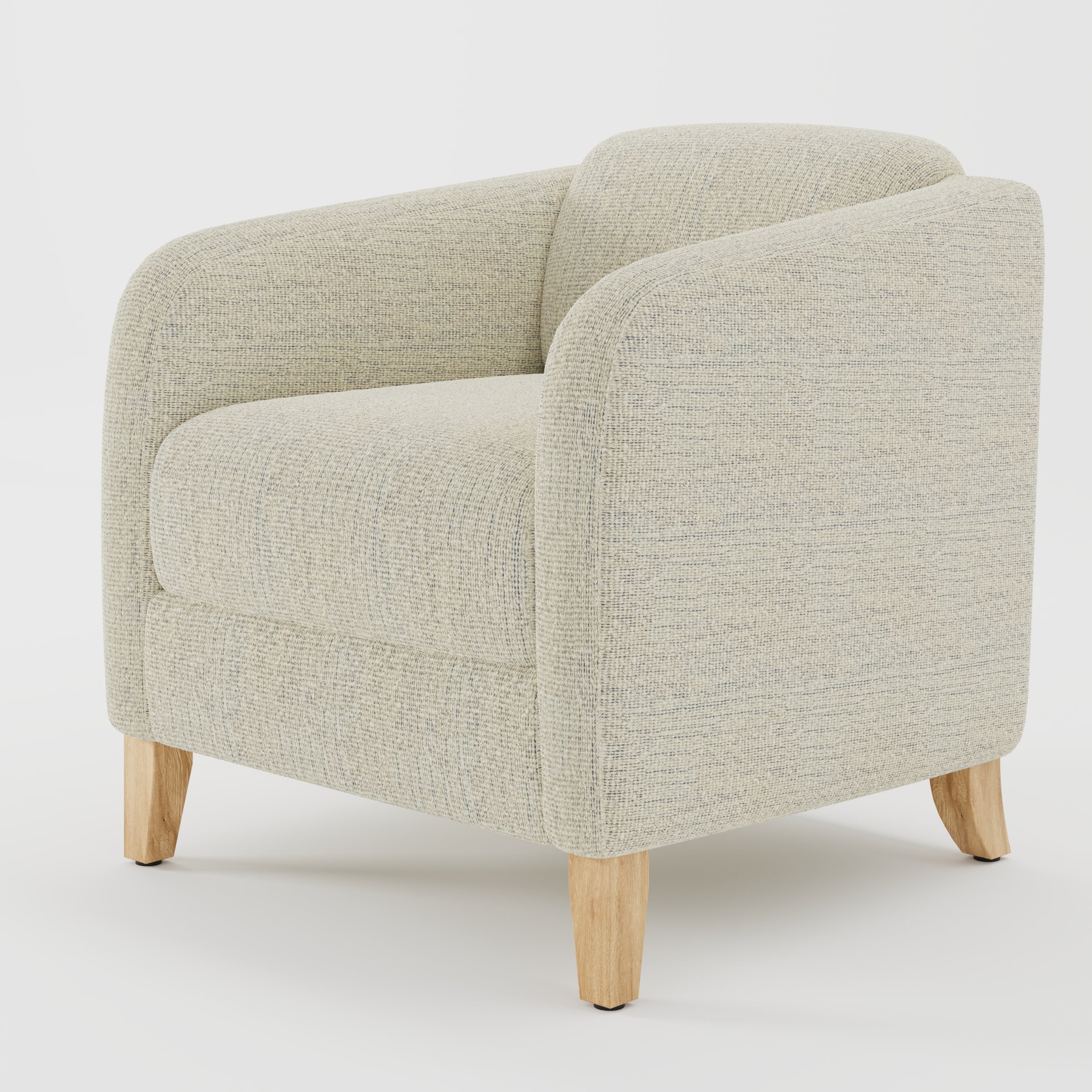 Erne armchair in Orsay Boucle Cream and Marine shown at a diagonal angle highlighting curved arms and compact seat depth.