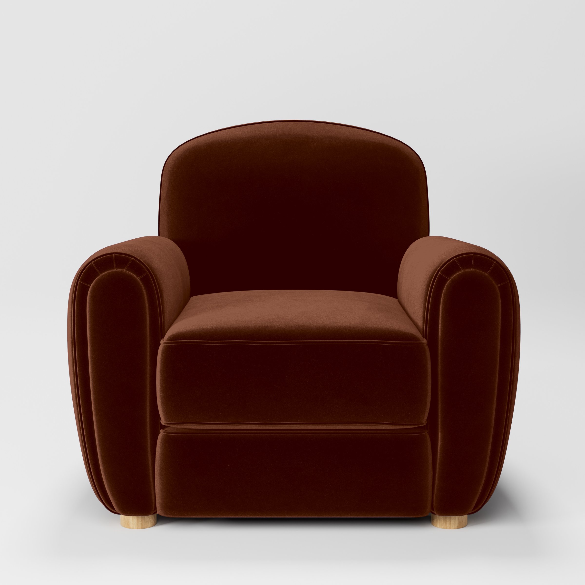 Front view of the Fergus armchair upholstered in Plush EasyClean Velvet in Maple.