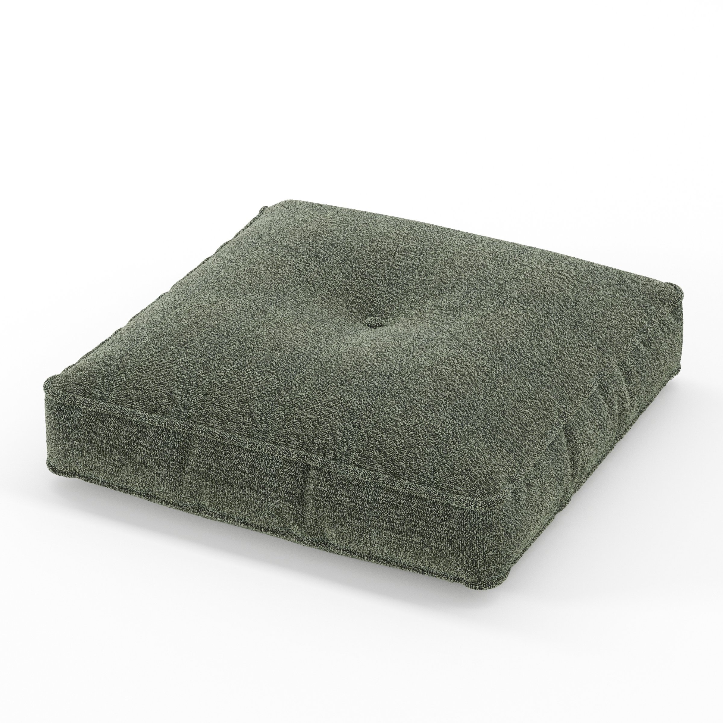 Base cushion in Kilda Boucle Moss, square tufted cushion with border and piping in textured grey boucle with central tuft, size 50cm x 50cm x 8.75cm