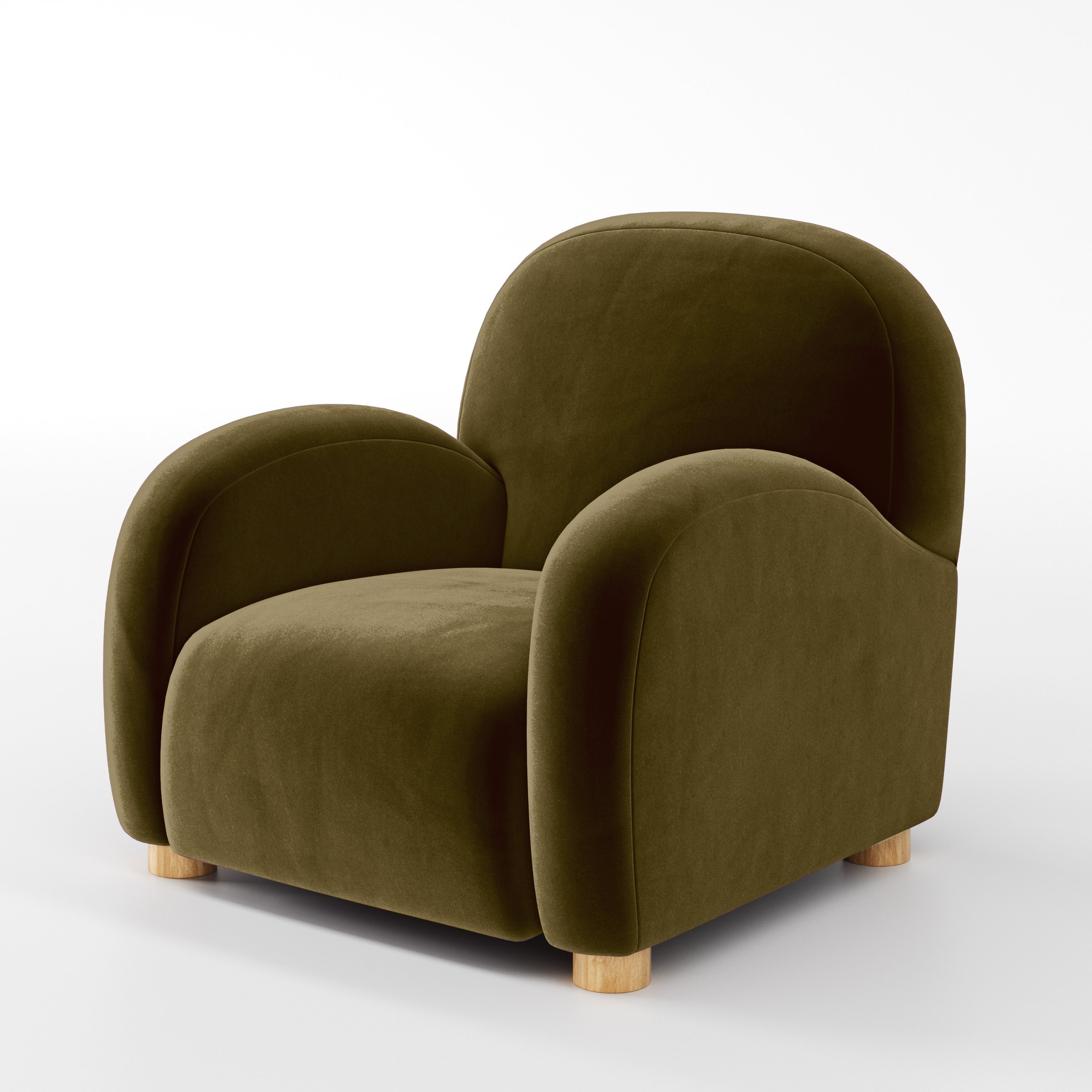 Diagonal view of the Awe armchair upholstered in Plush EasyClean Velvet in Cedar.