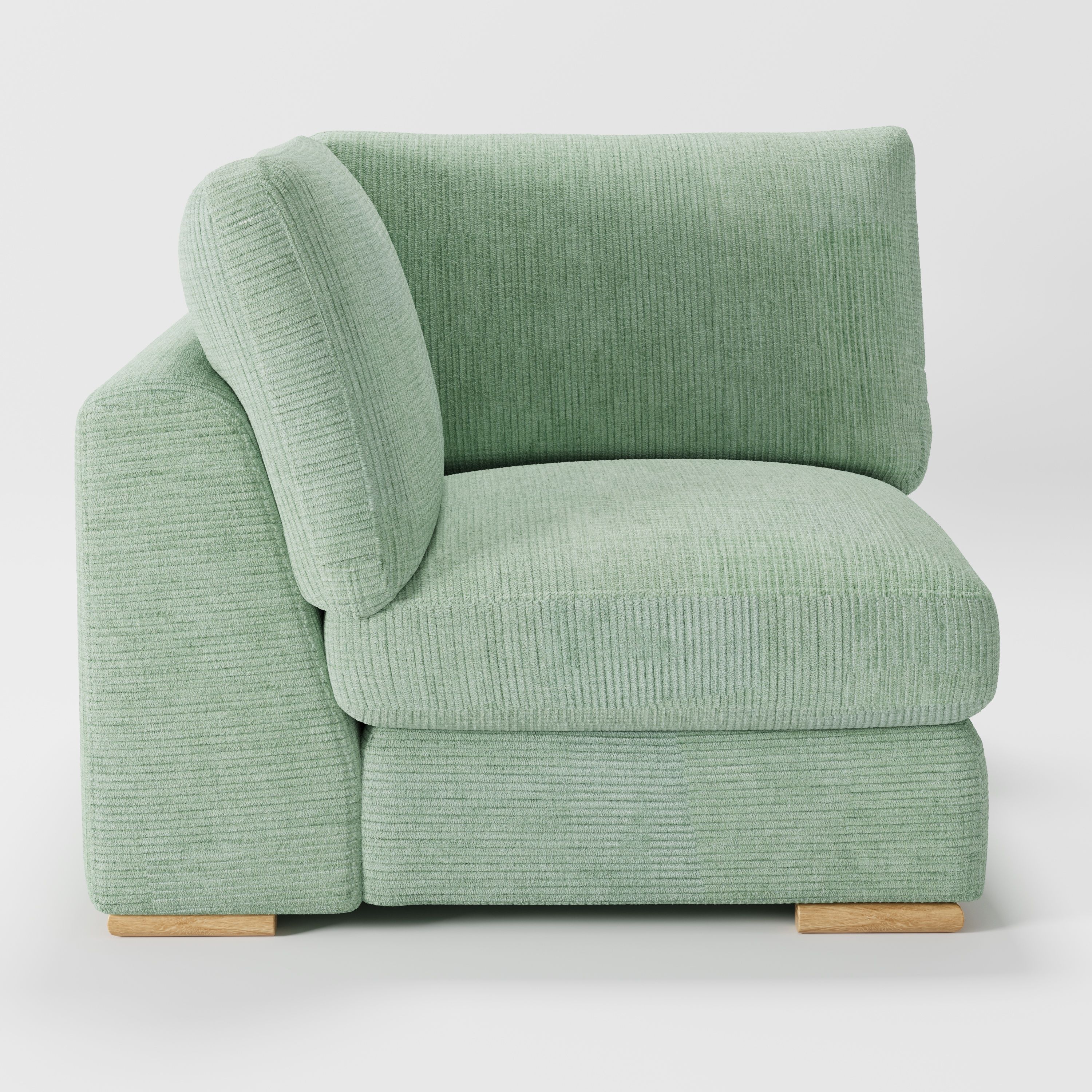 Olton corner unit in Caldey velvet corduroy eucalyptus fabric, left side view showing structured arm and textured surface