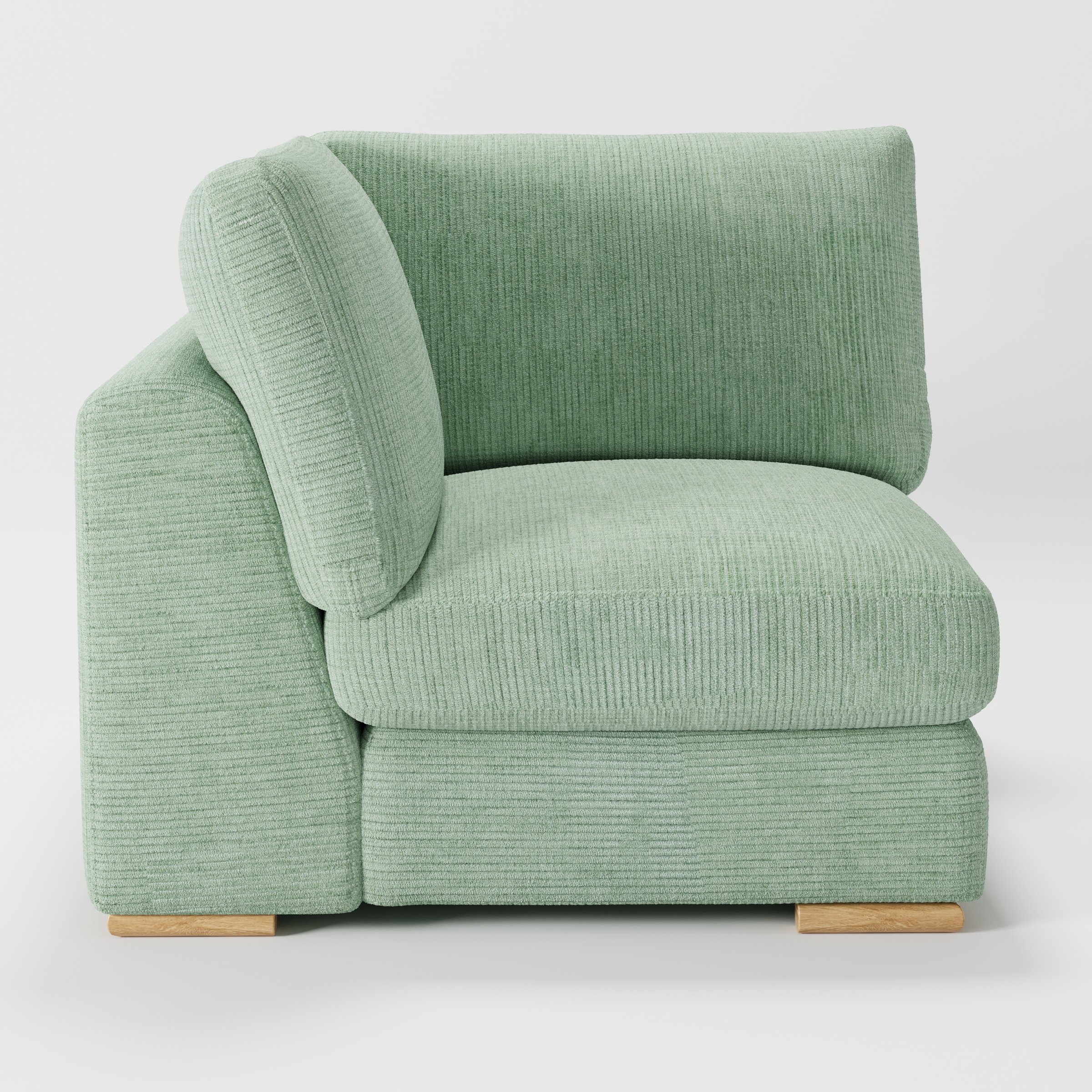 Olton corner unit in Caldey velvet corduroy eucalyptus fabric, left side view showing structured arm and textured surface