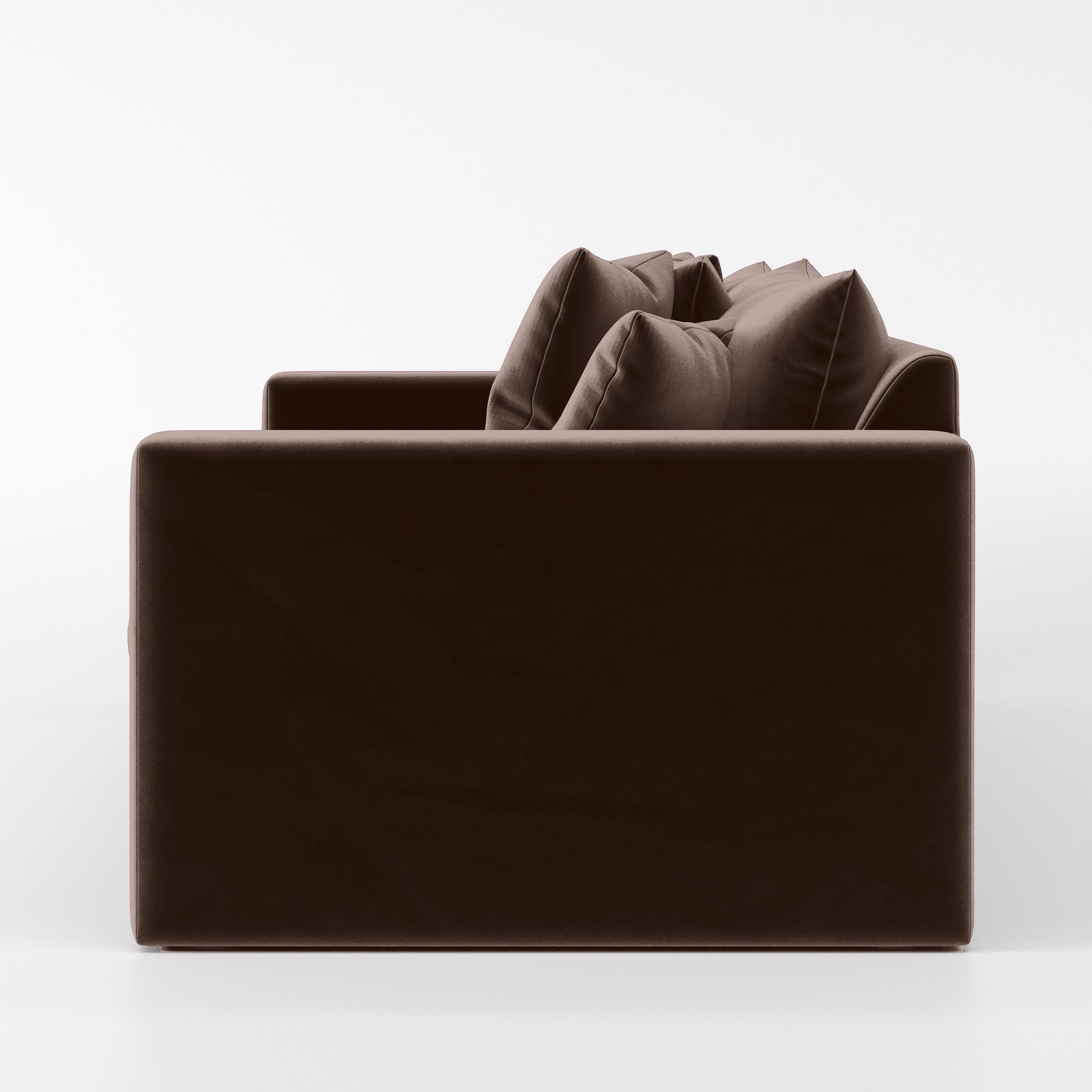 Side view of the Coniston sofa upholstered in Plush EasyClean Velvet in Mole.
