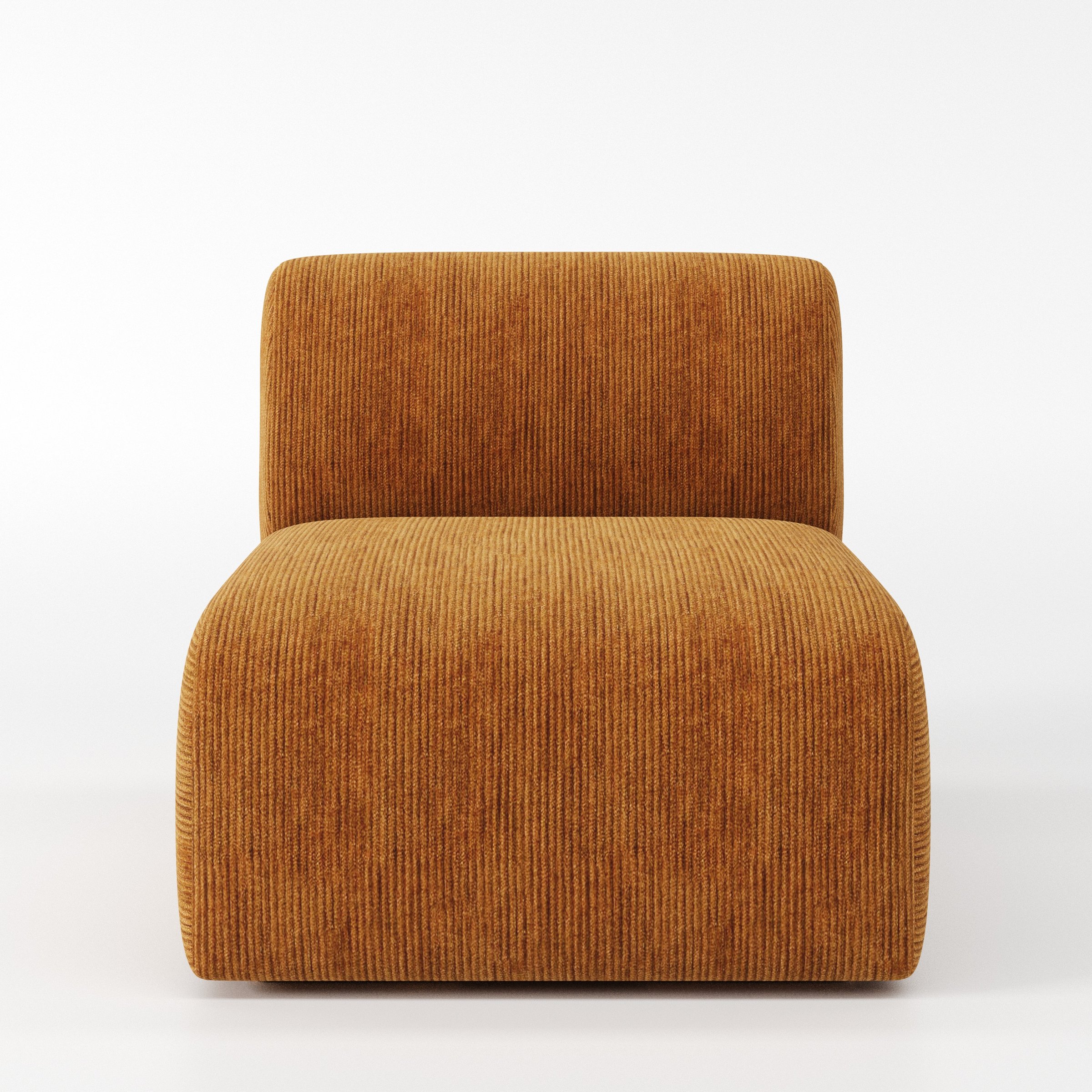 Drumquin modular sofa single unit in Caldey Velvet Corduroy Tobacco shown from the front with a low, deep seat and softly curved backrest.
