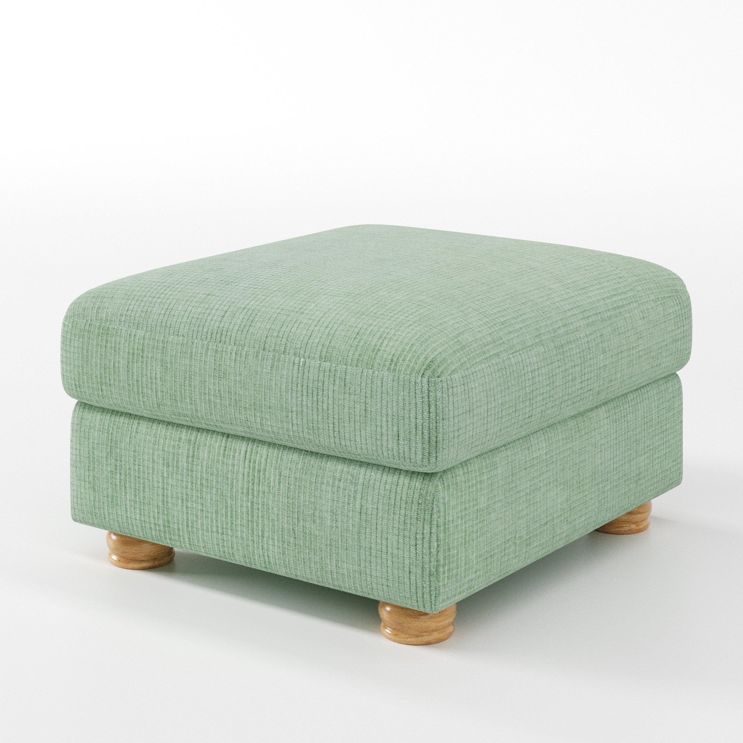 Anna Lee footstool in Caldey Velvet Corduroy Eucalyptus shown at a diagonal angle highlighting soft cushioning and turned wooden feet.