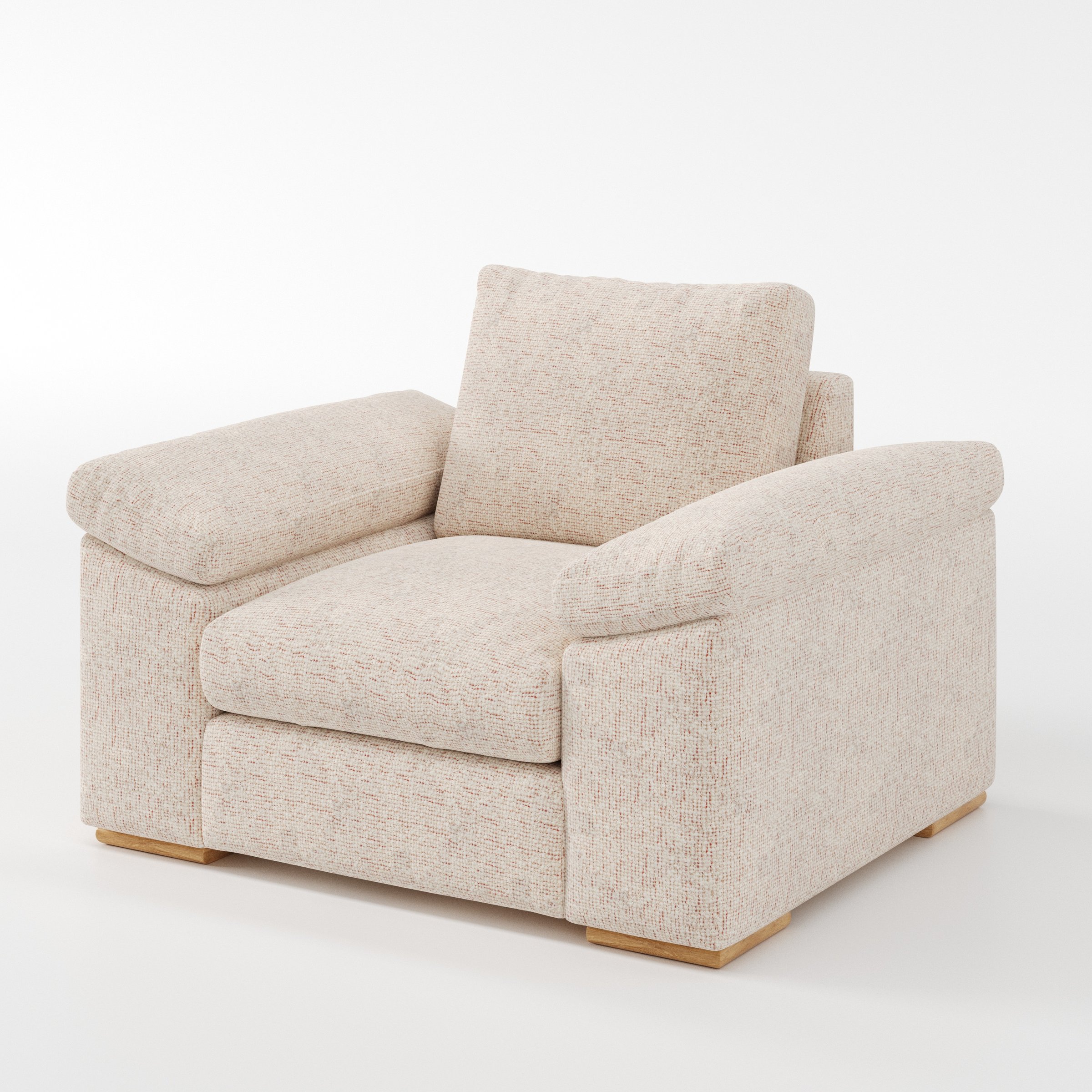 Moy armchair in Orsay Boucle Cream and Copper shown at a diagonal angle highlighting arms and seat depth.