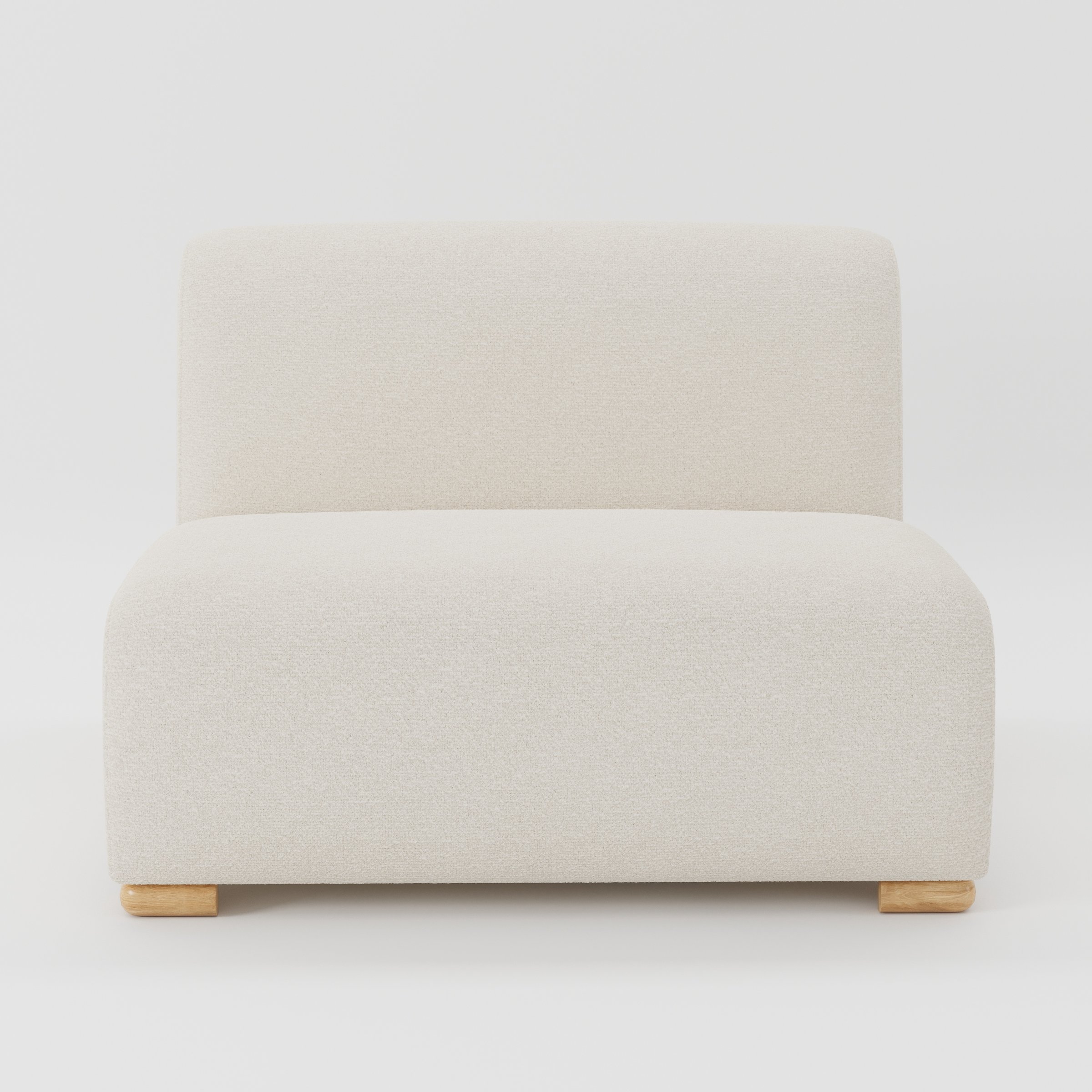 Tay single sofa unit in Kilda Bouclé Cream shown from the front with a low, armless design, deep seat and visible timber feet.