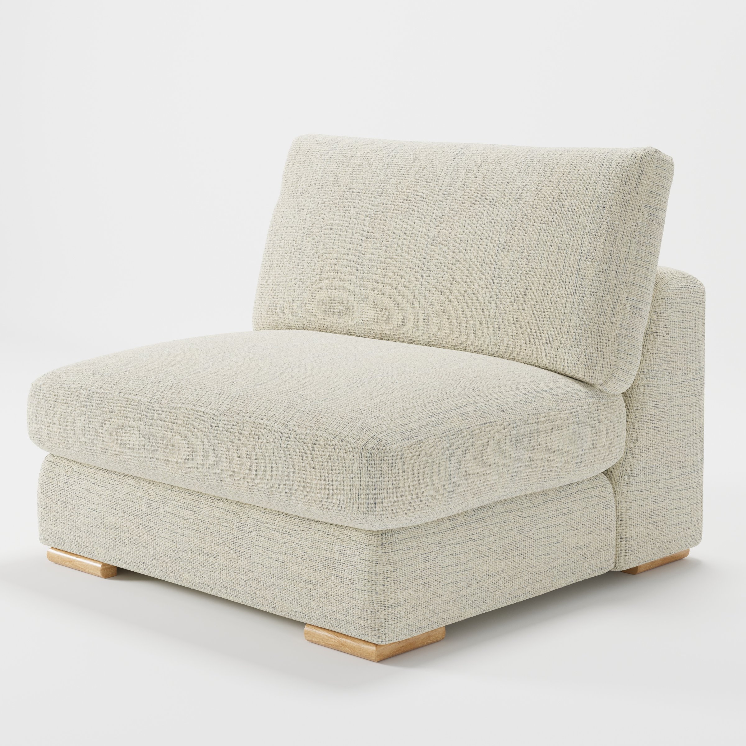 Olton single sofa unit in Orsay Bouclé Cream and Marine shown from a diagonal angle highlighting the deep seat, soft cushions and timber feet.