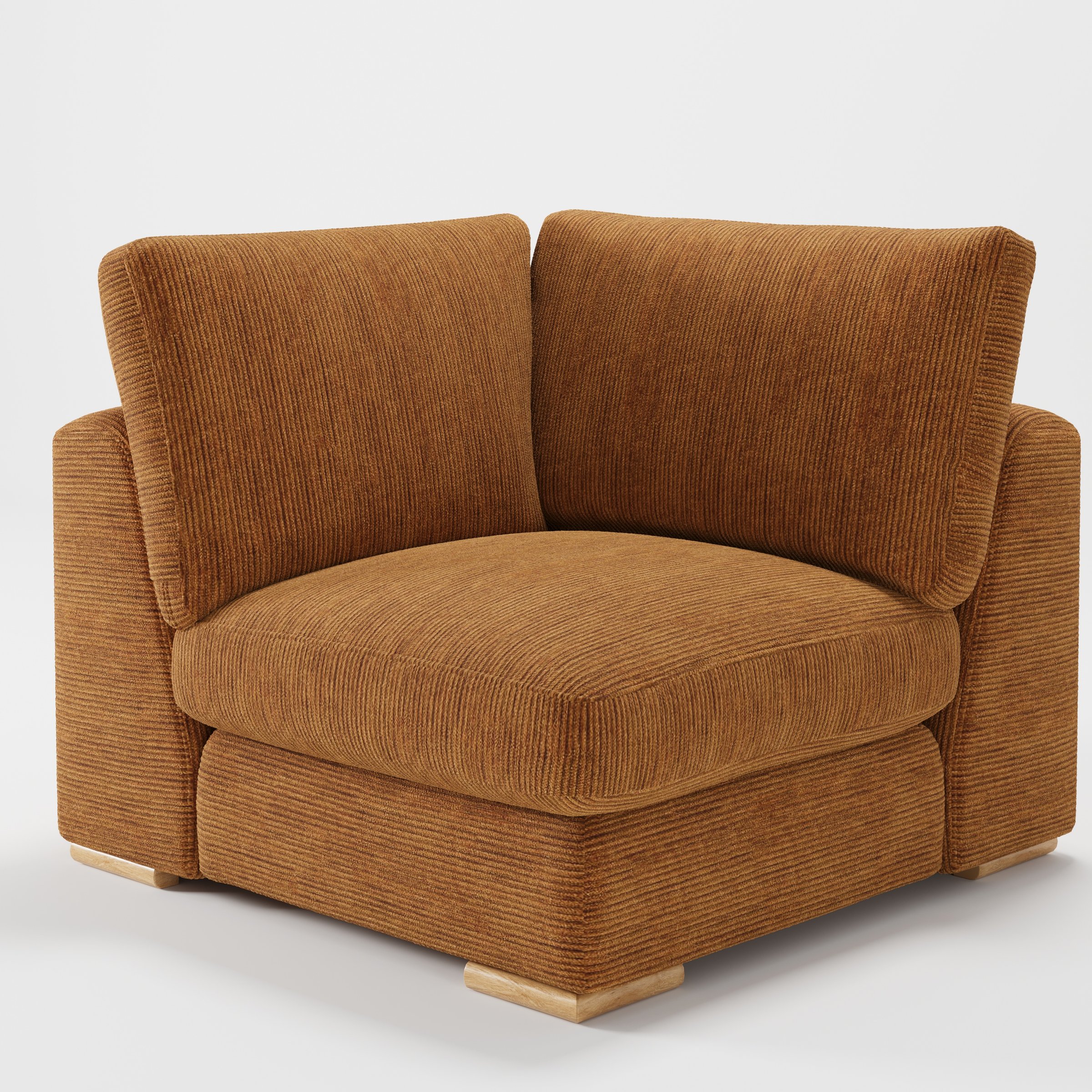Olton corner unit in Caldey velvet corduroy tobacco fabric, diagonal view showing deep seat, soft structure and ribbed texture