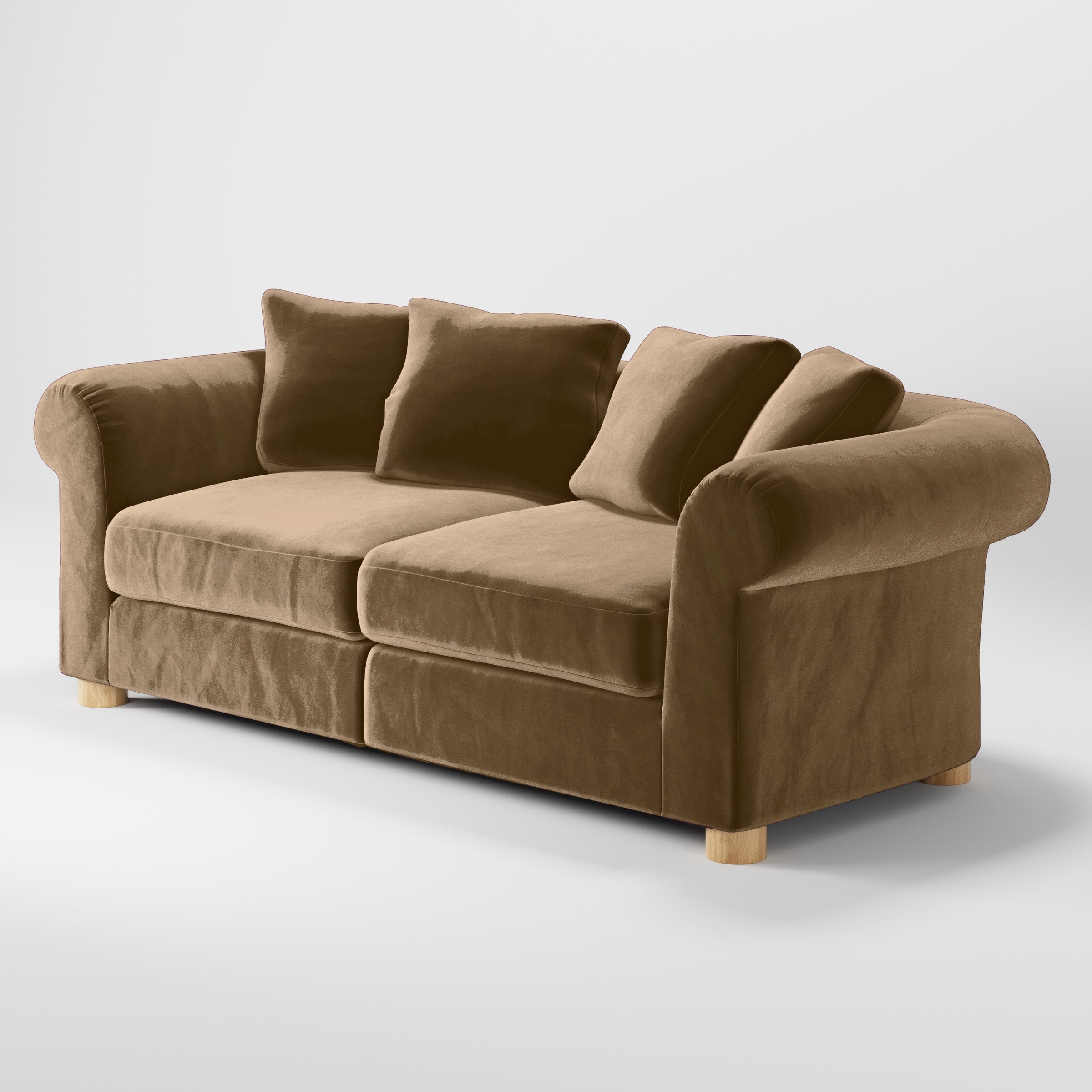 Diagonal view of the Windermere sofa upholstered in Plush EasyClean Velvet in Caribou.