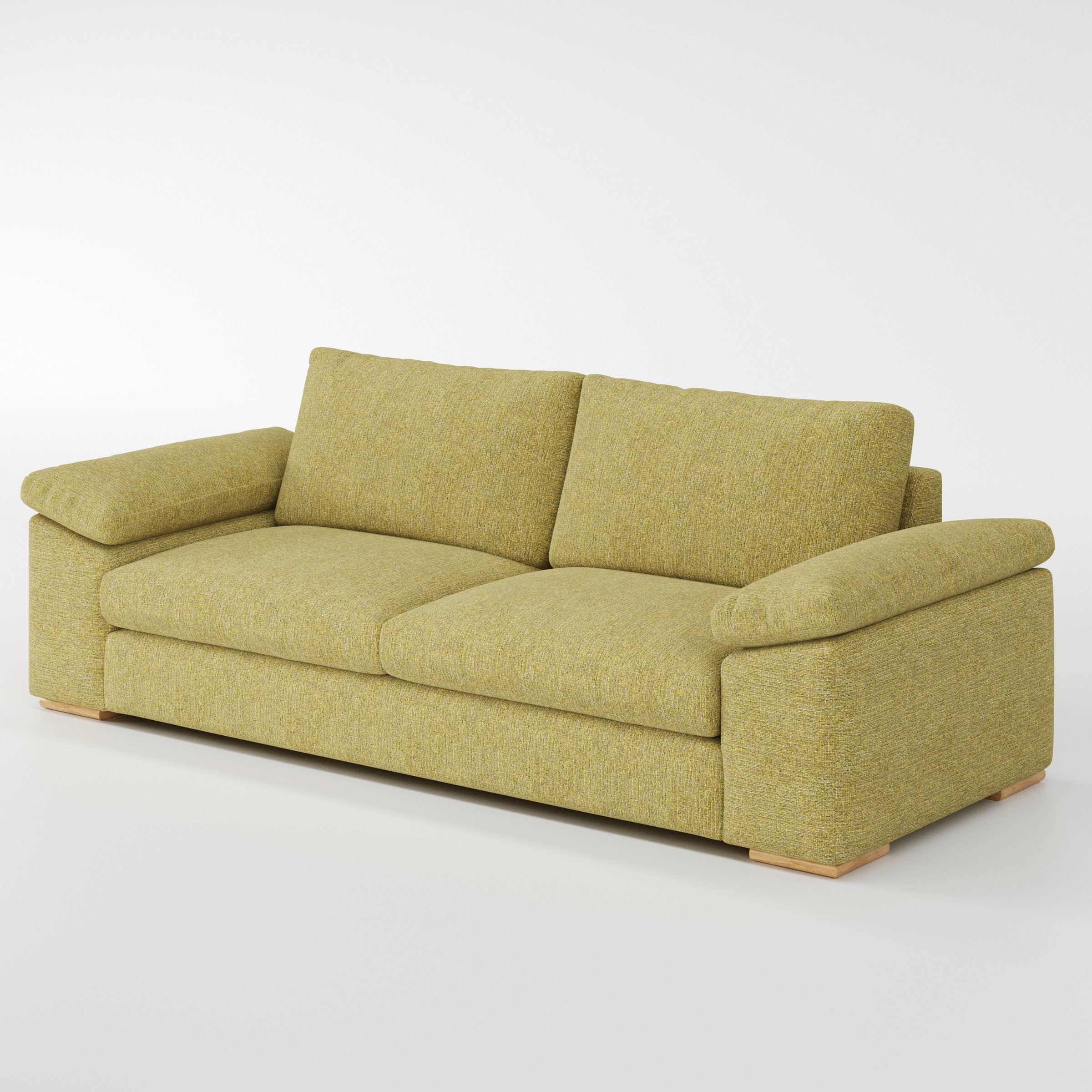 Moy sofa in Heyling Tweed Sencha shown at a diagonal angle highlighting arm profile and seat depth.