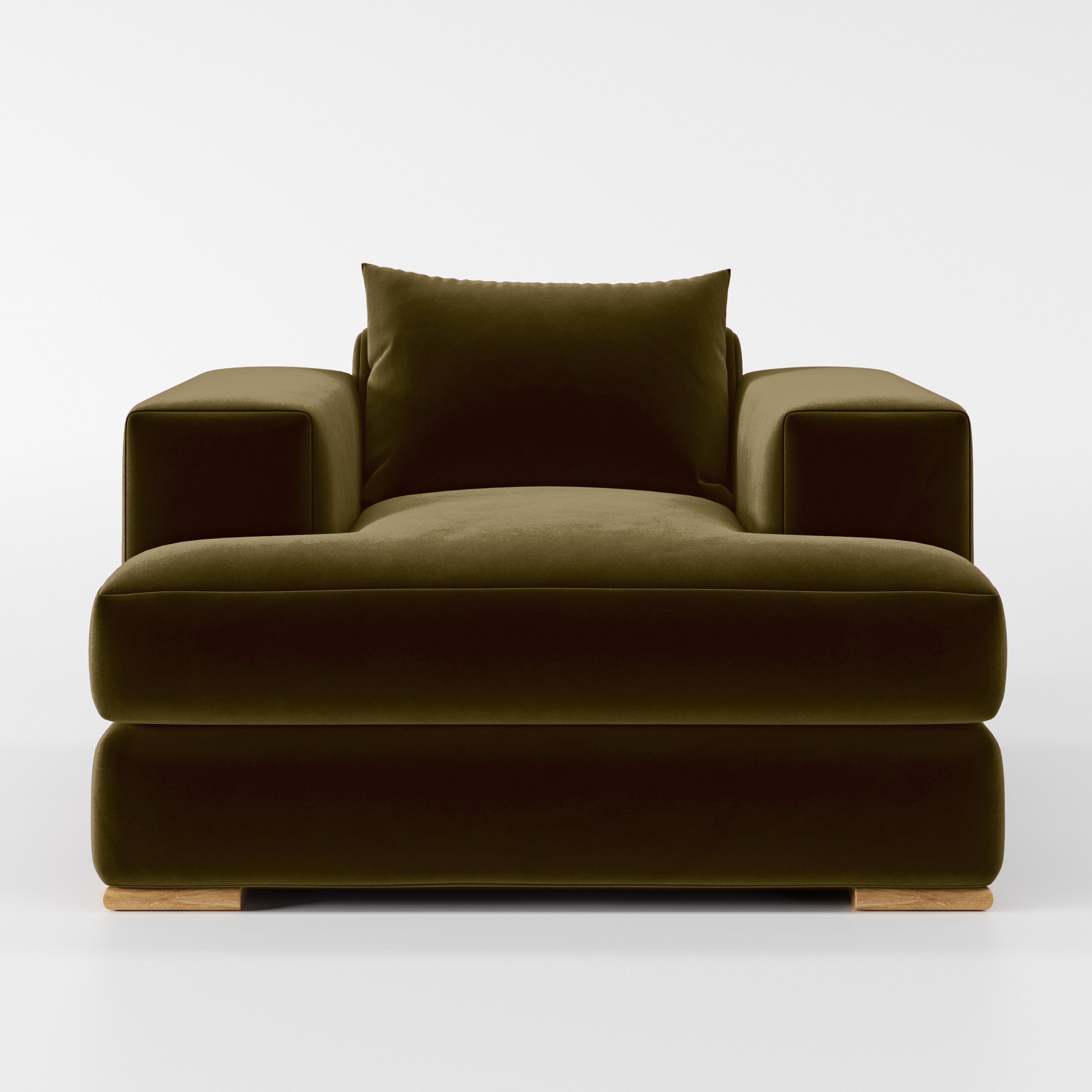 Front view of the Fane armchair upholstered in Plush EasyClean Velvet in Cedar.